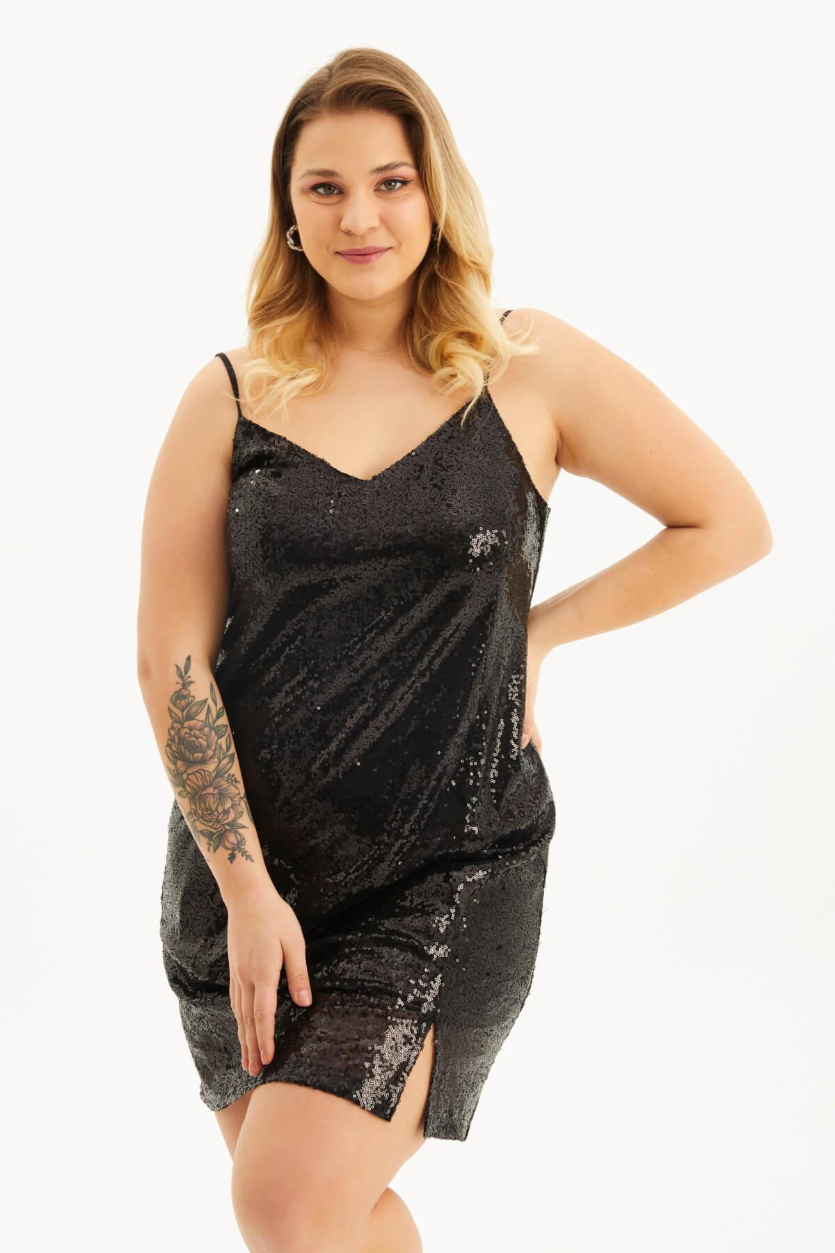 Myline-Astarlı Payetli İp Askılı Yırtmaçlı Elbise-Büyük Beden Abiye Elbise-118405