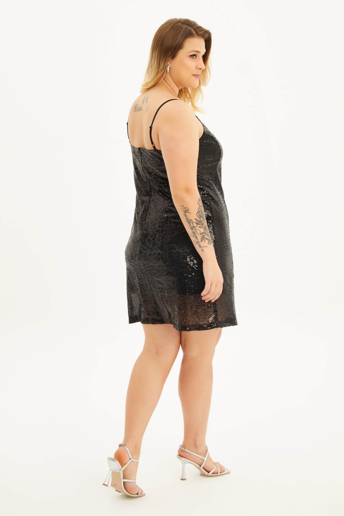 Myline-Astarlı Payetli İp Askılı Yırtmaçlı Elbise-Büyük Beden Abiye Elbise-118405