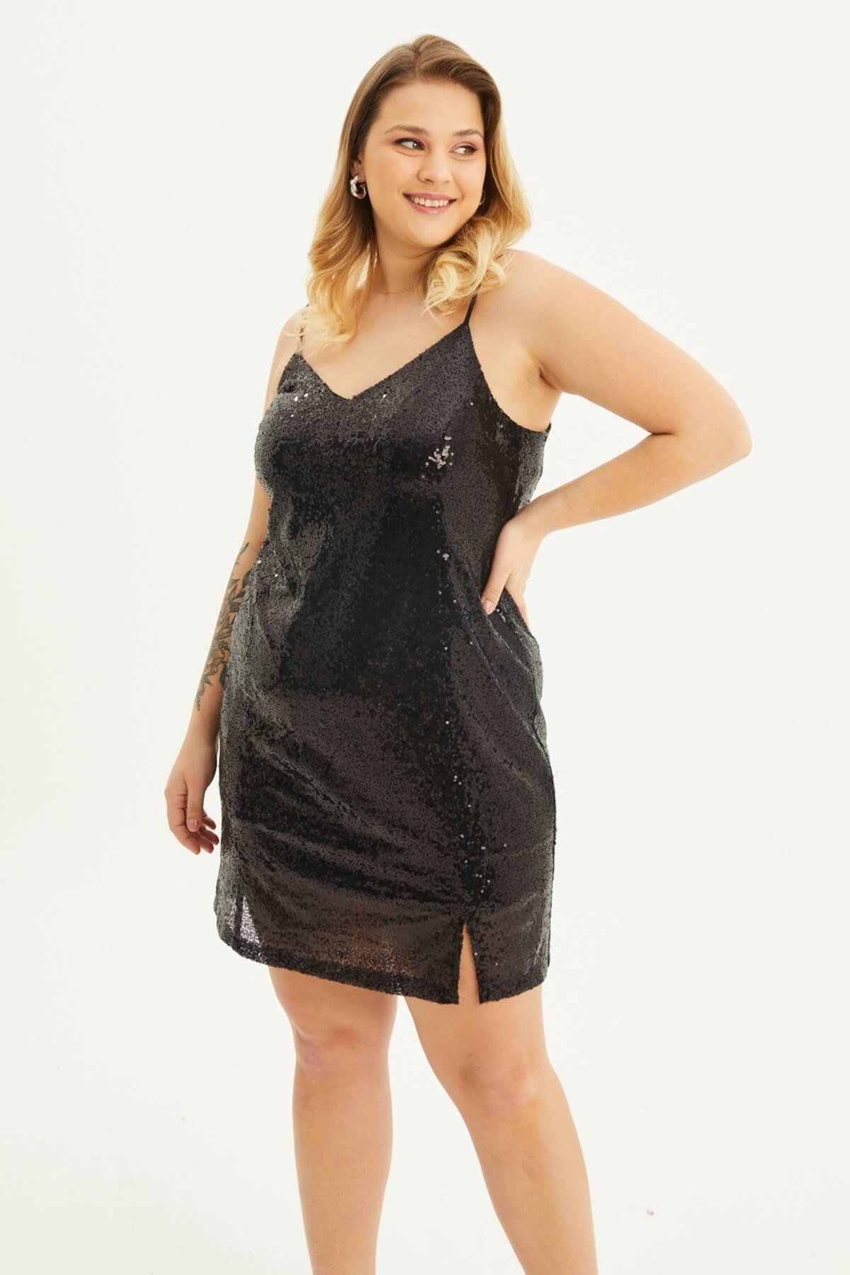 Myline-Astarlı Payetli İp Askılı Yırtmaçlı Elbise-Büyük Beden Abiye Elbise-118405