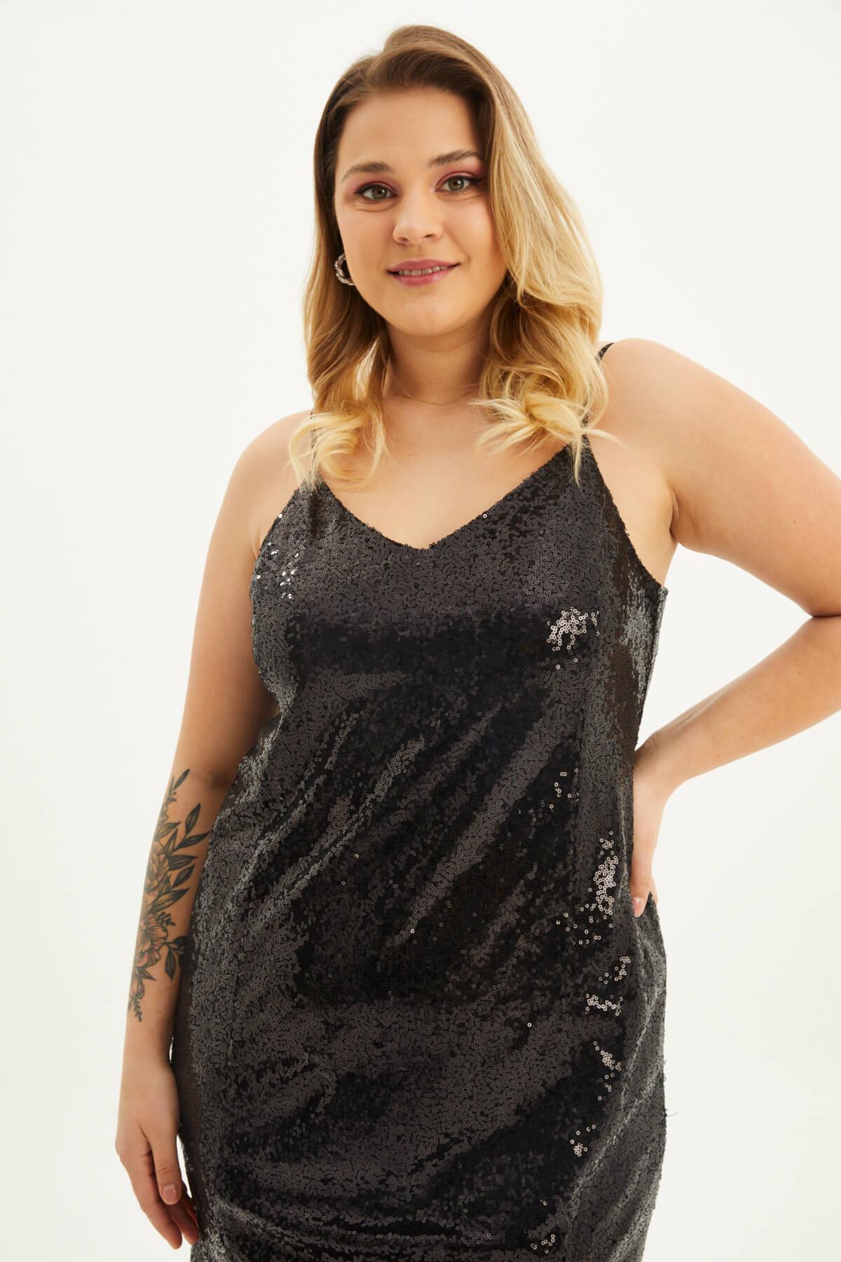 Myline-Astarlı Payetli İp Askılı Yırtmaçlı Elbise-Büyük Beden Abiye Elbise-118405