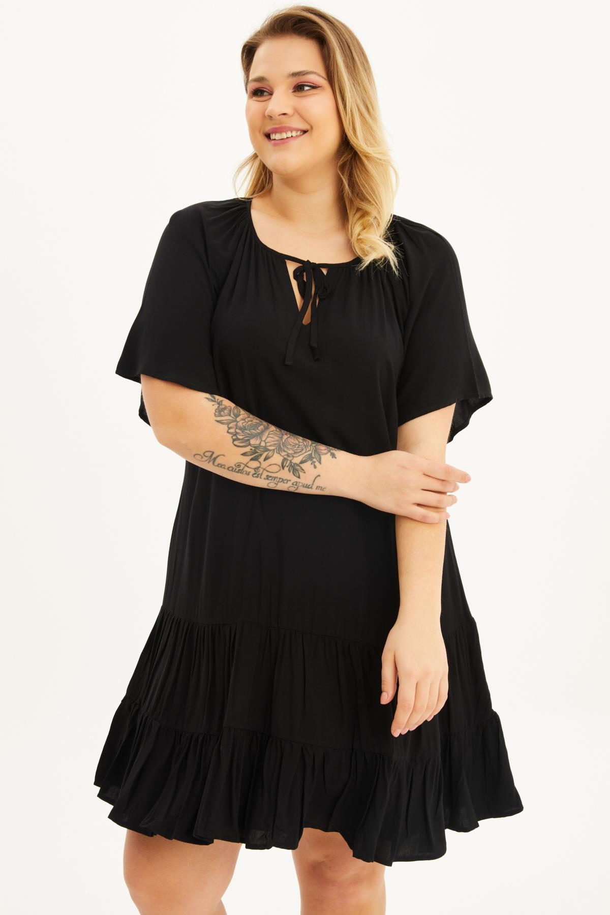 Myline-Astarlı Pelerin Kol Fırfırlı Elbise-Büyük Beden Günlük Elbiseler-66683