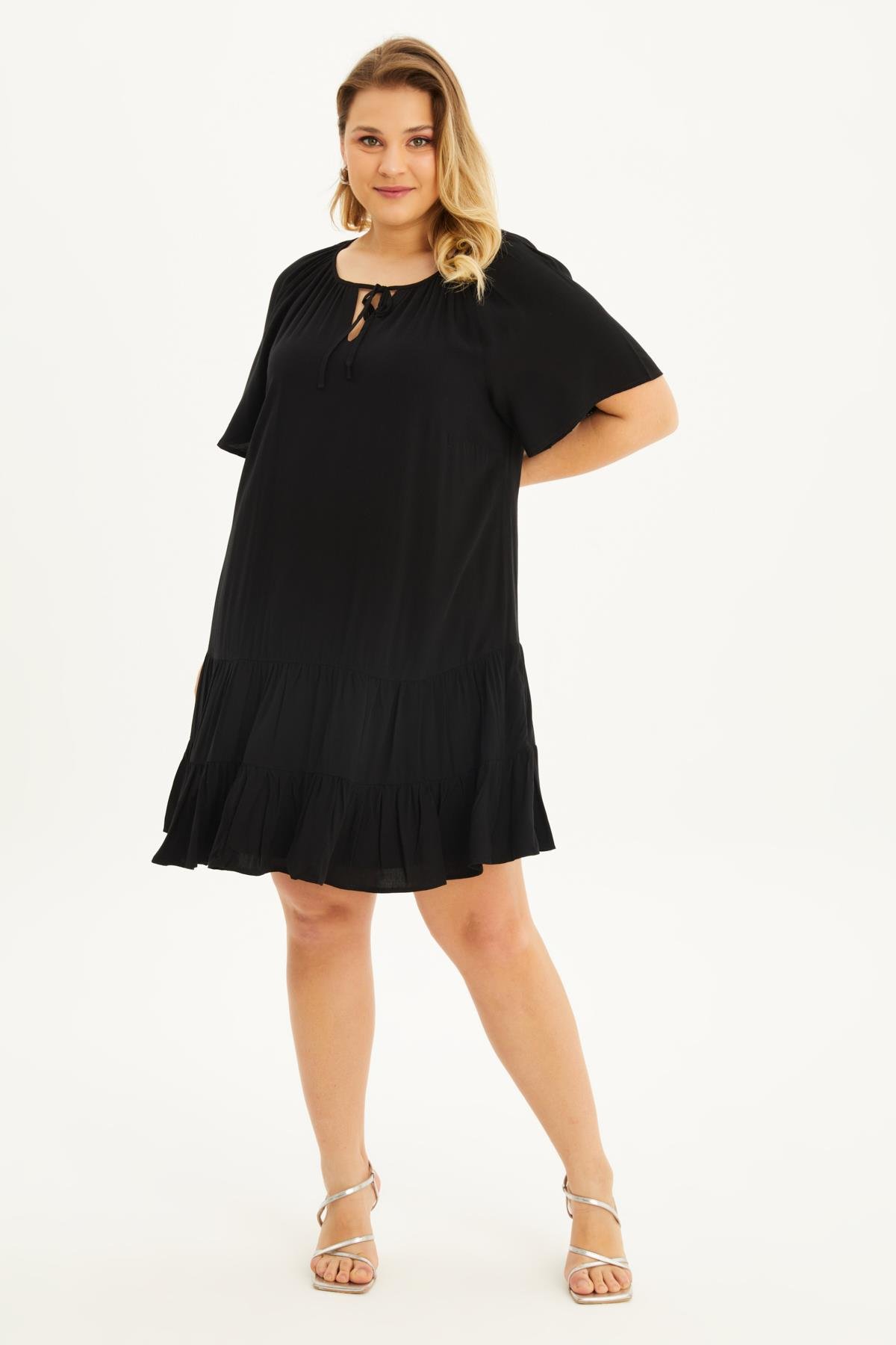 Myline-Astarlı Pelerin Kol Fırfırlı Elbise-Büyük Beden Günlük Elbiseler-66683