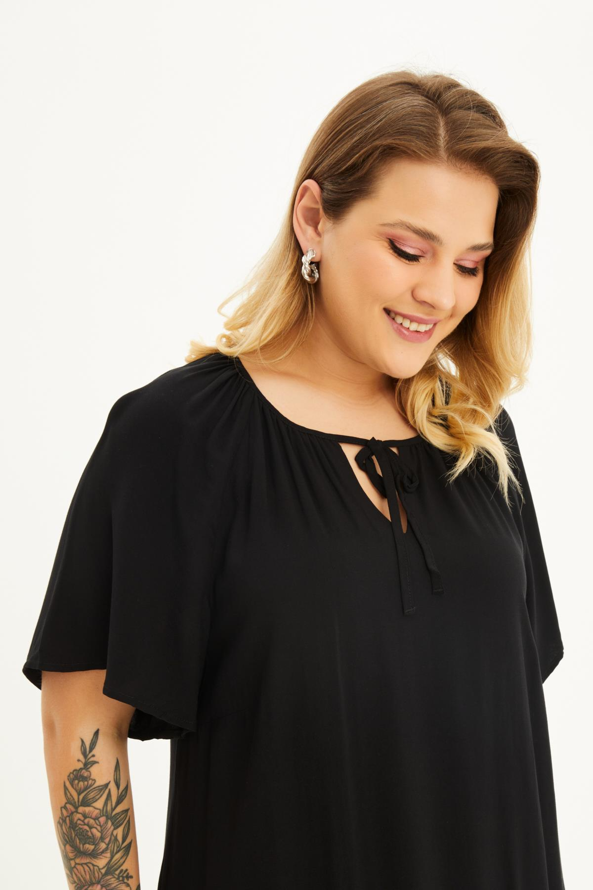 Myline-Astarlı Pelerin Kol Fırfırlı Elbise-Büyük Beden Günlük Elbiseler-66683