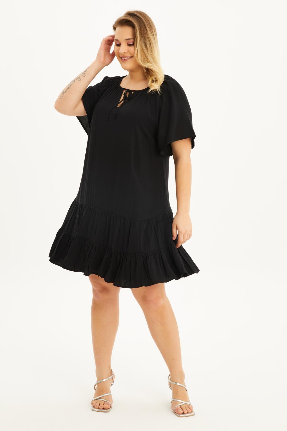 Myline-Astarlı Pelerin Kol Fırfırlı Elbise-Büyük Beden Günlük Elbiseler-66683