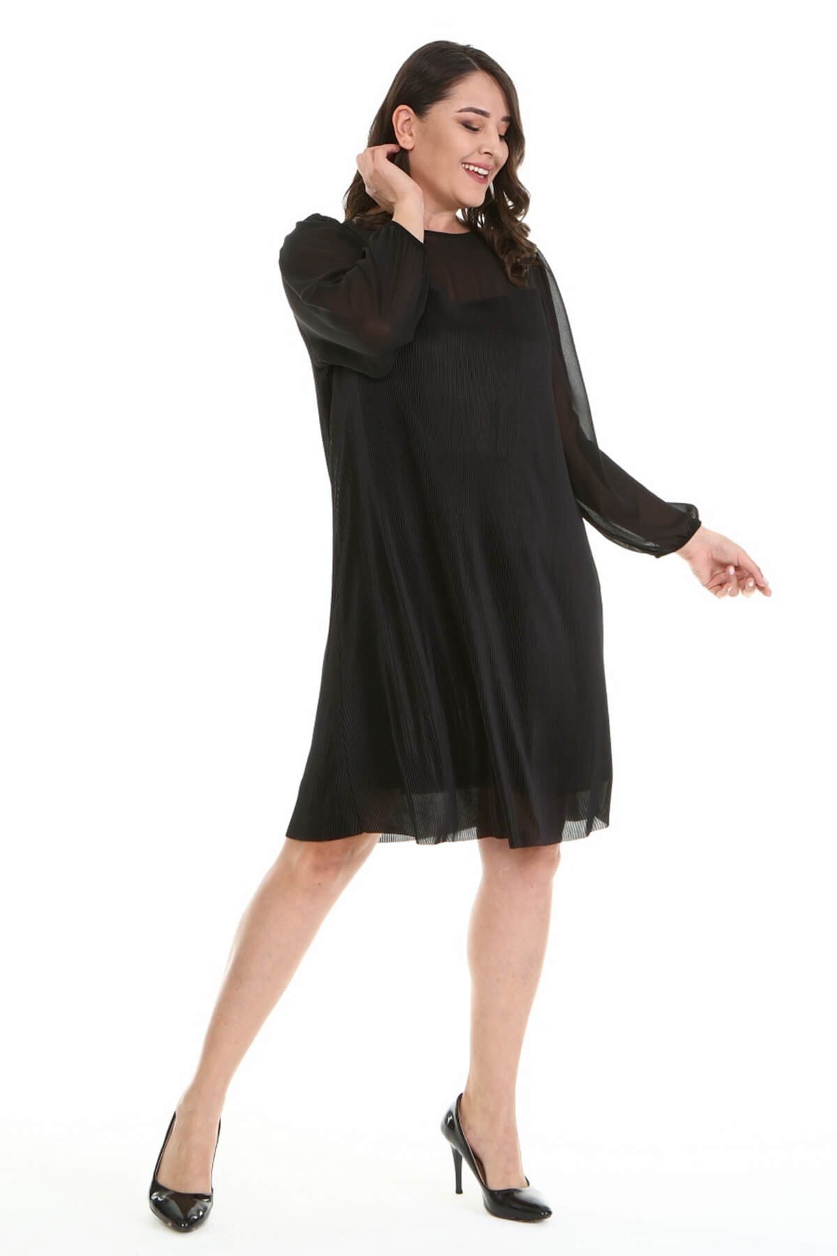 Myline-Astarlı Pliseli Elbise-Büyük Beden Abiye Elbise-66949