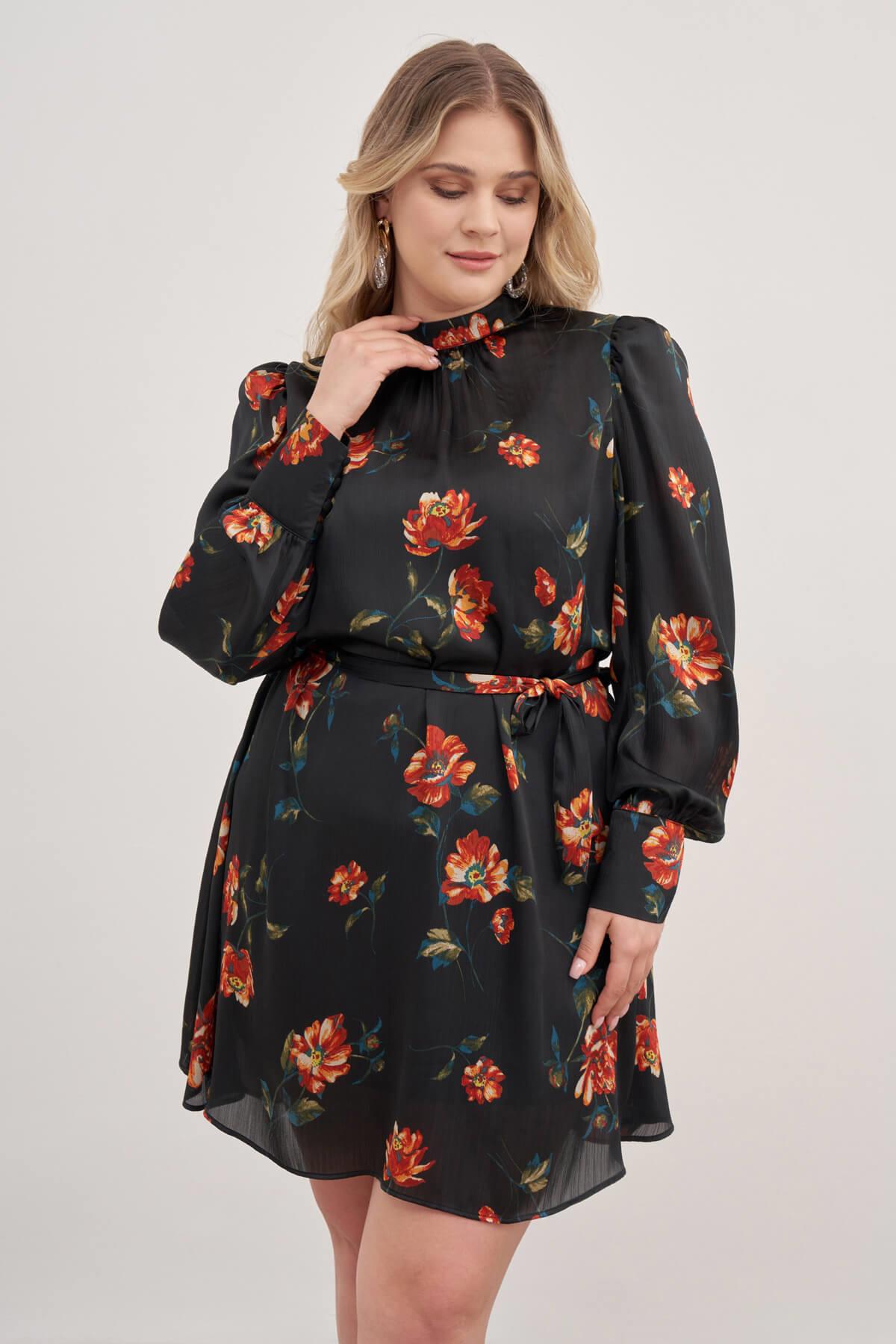 Myline-Astarlı Saten Kuşak Detaylı Elbise-Büyük Beden Günlük Elbiseler-129044