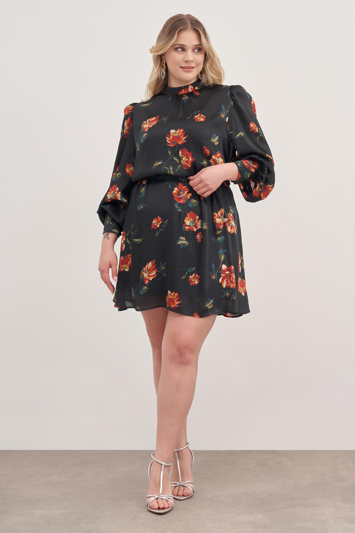 Myline-Astarlı Saten Kuşak Detaylı Elbise-Büyük Beden Günlük Elbiseler-129044