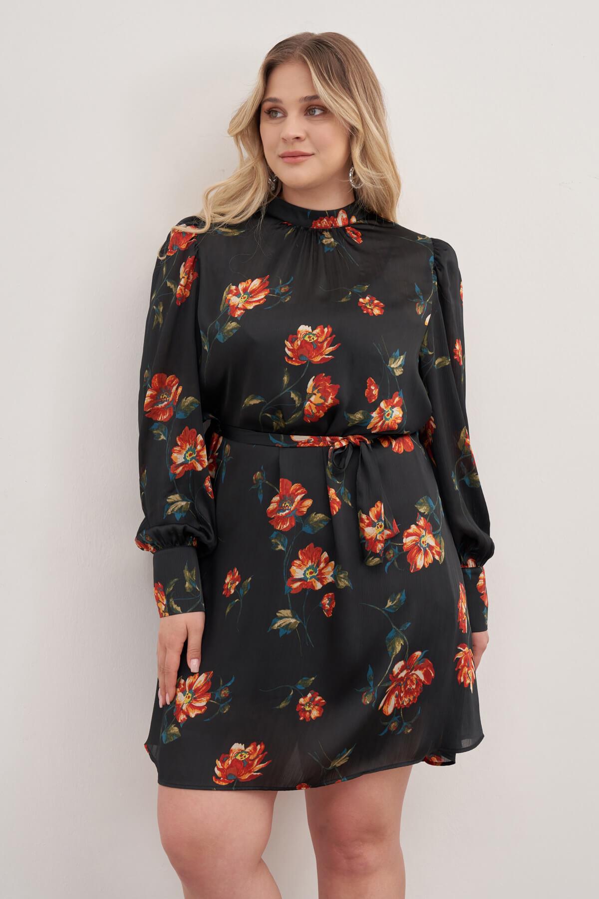 Myline-Astarlı Saten Kuşak Detaylı Elbise-Büyük Beden Günlük Elbiseler-129044