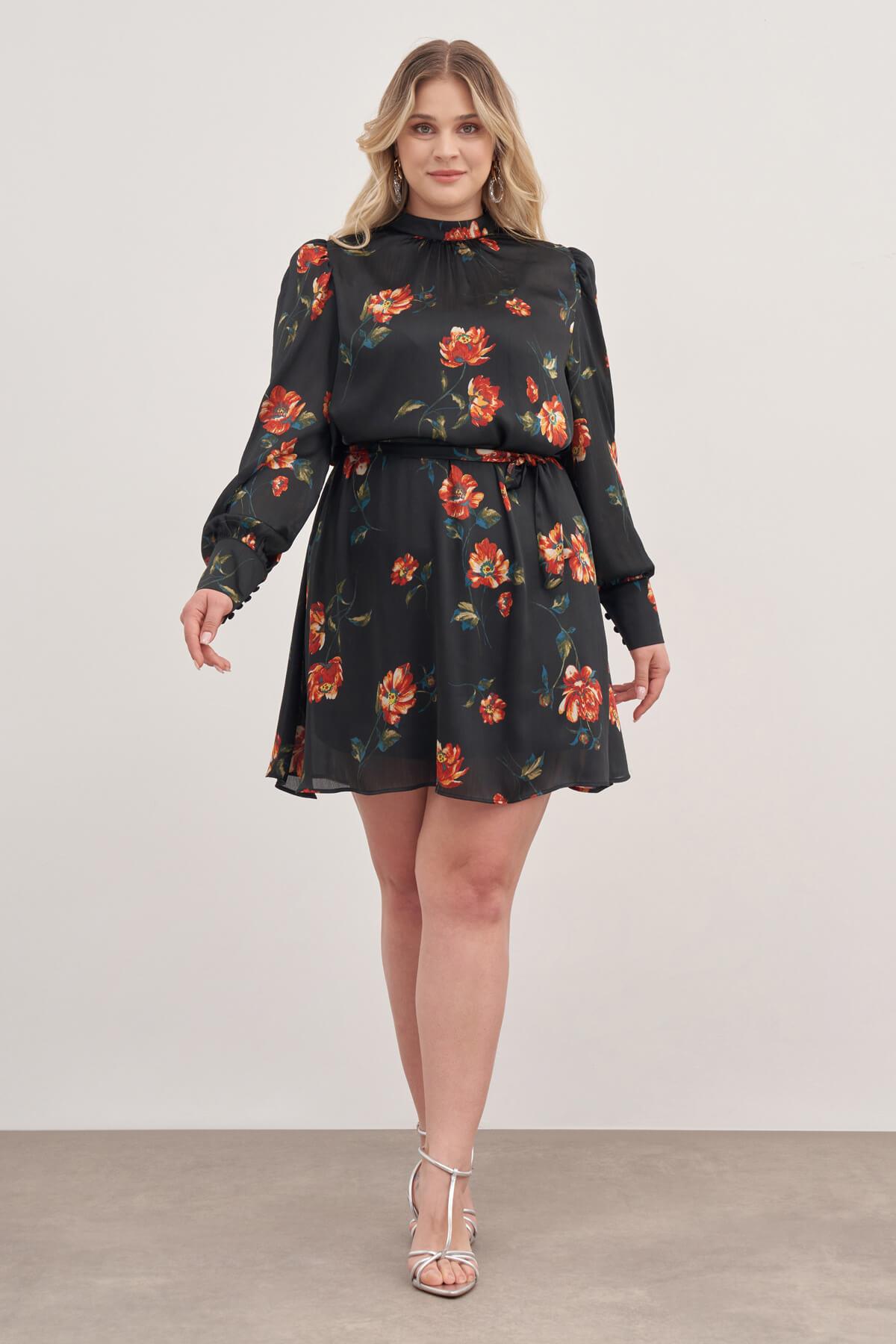 Myline-Astarlı Saten Kuşak Detaylı Elbise-Büyük Beden Günlük Elbiseler-129044