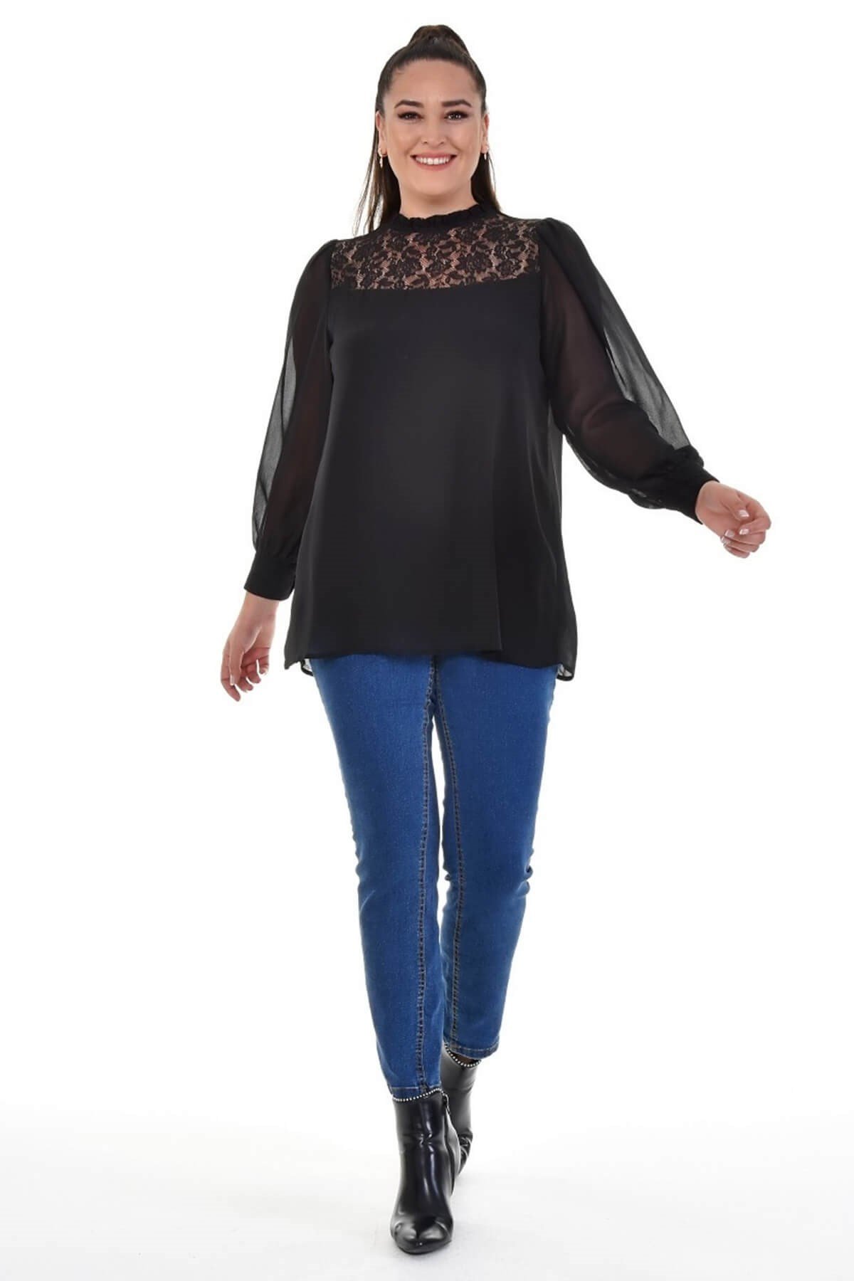 Myline-Astarlı Şifon Dantel Detay Bluz-Büyük Beden Bluz-66913