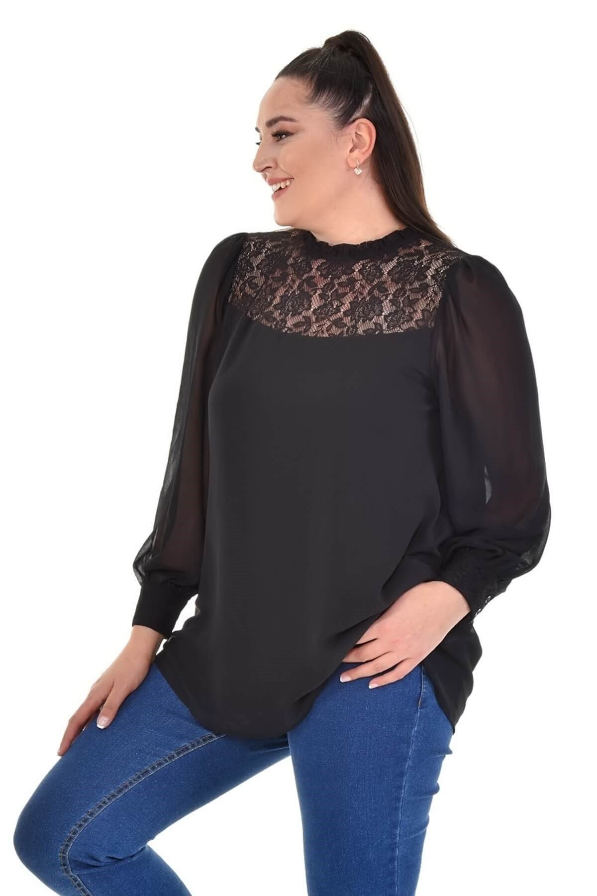 Myline-Astarlı Şifon Dantel Detay Bluz-Büyük Beden Bluz-66913