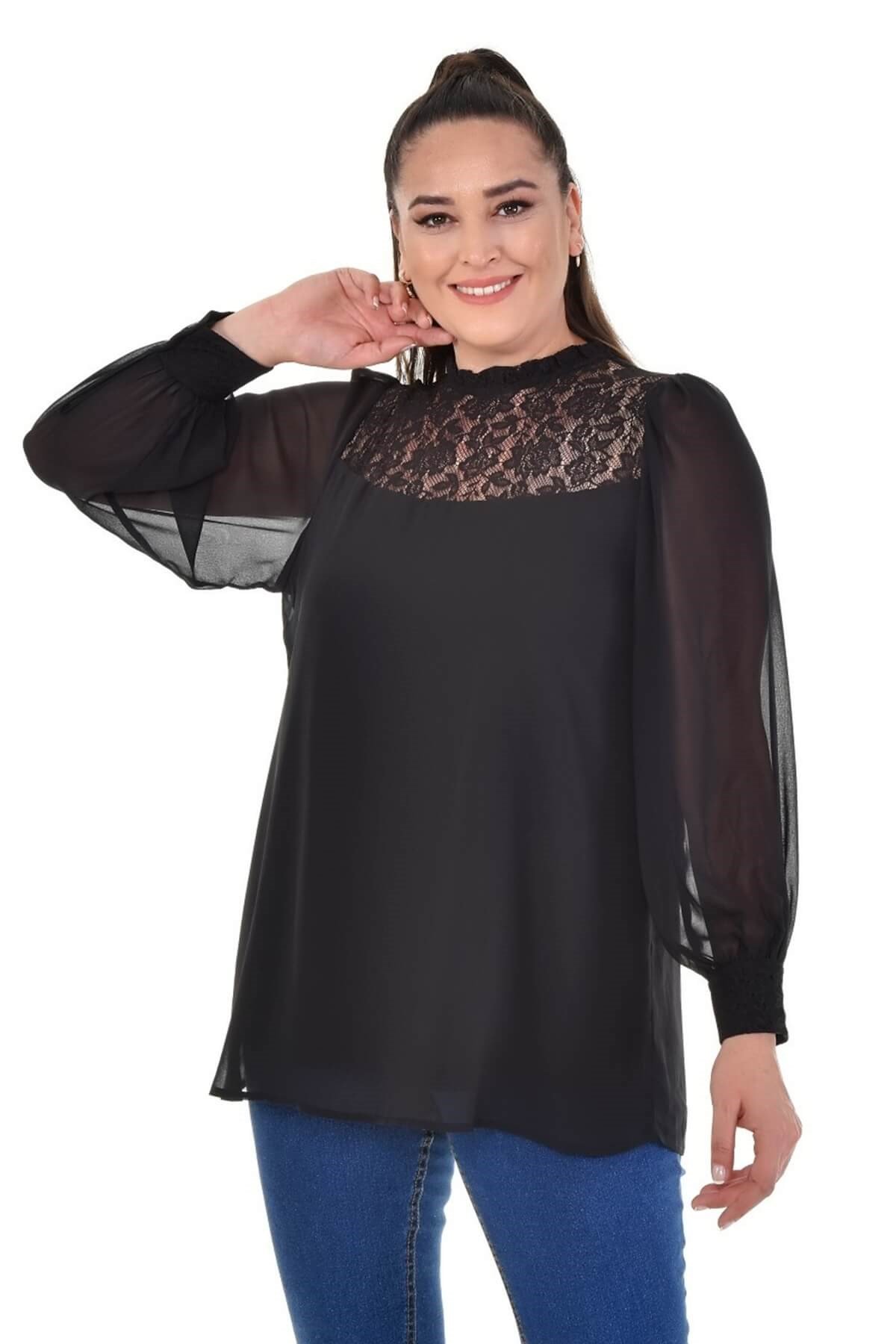 Myline-Astarlı Şifon Dantel Detay Bluz-Büyük Beden Bluz-66913