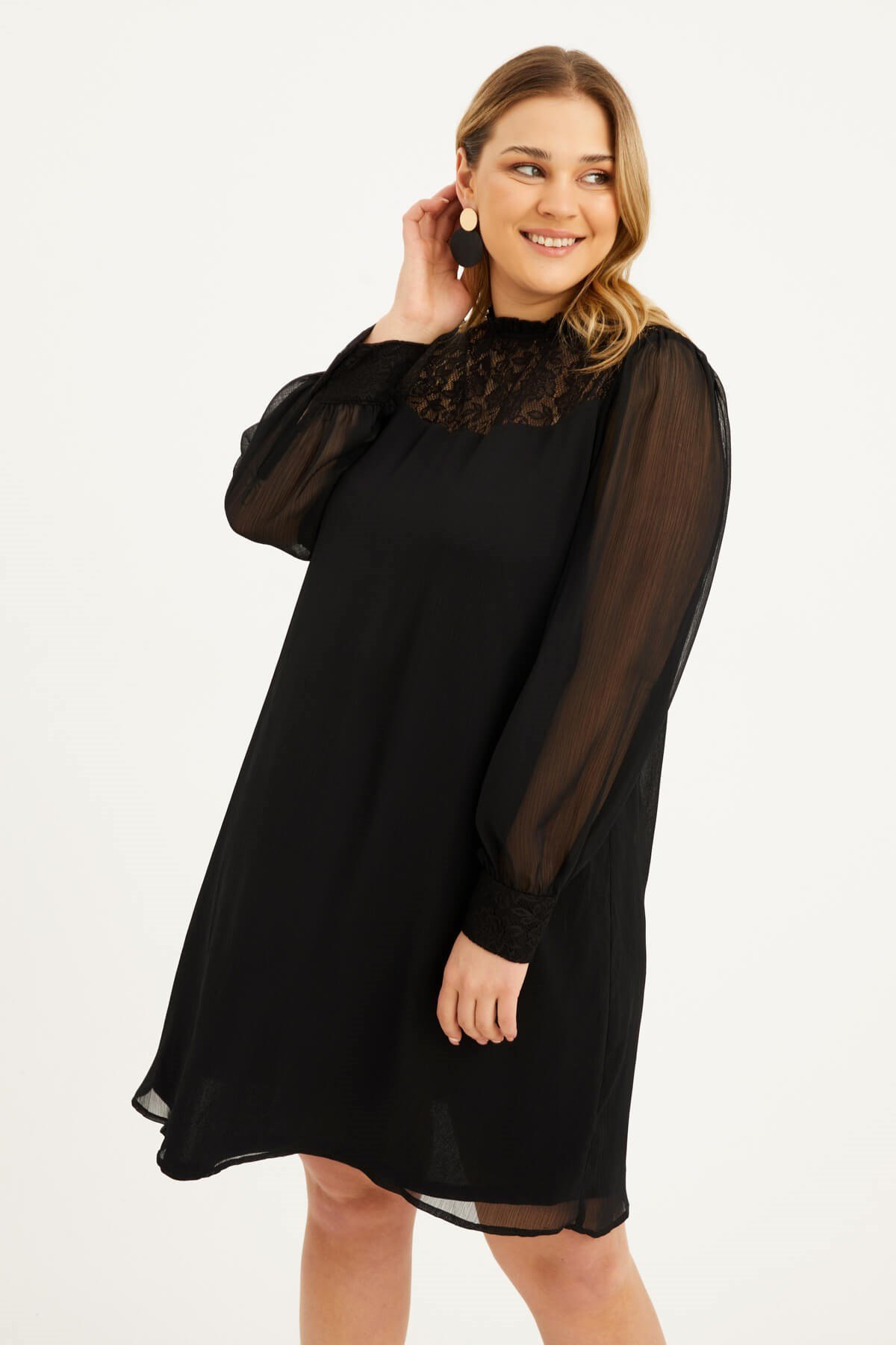 Myline-Astarlı Şifon Dantel Detay Elbise-Büyük Beden Abiye Elbise-77428