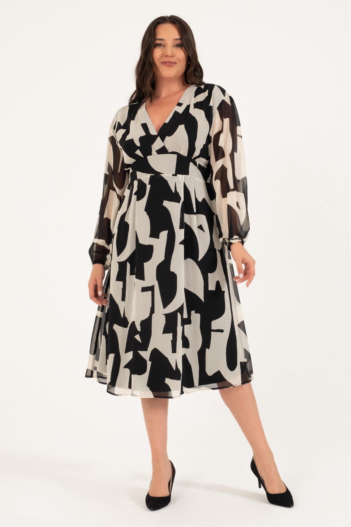 Myline-Astarlı Şifon Gipe Detay Elbise-Büyük Beden Günlük Elbiseler-128761