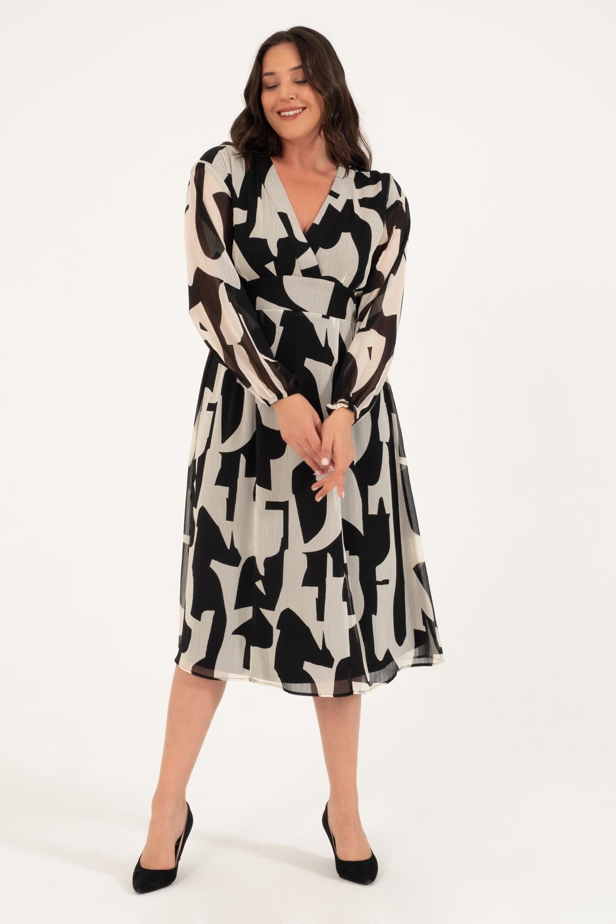 Myline-Astarlı Şifon Gipe Detay Elbise-Büyük Beden Günlük Elbiseler-128761