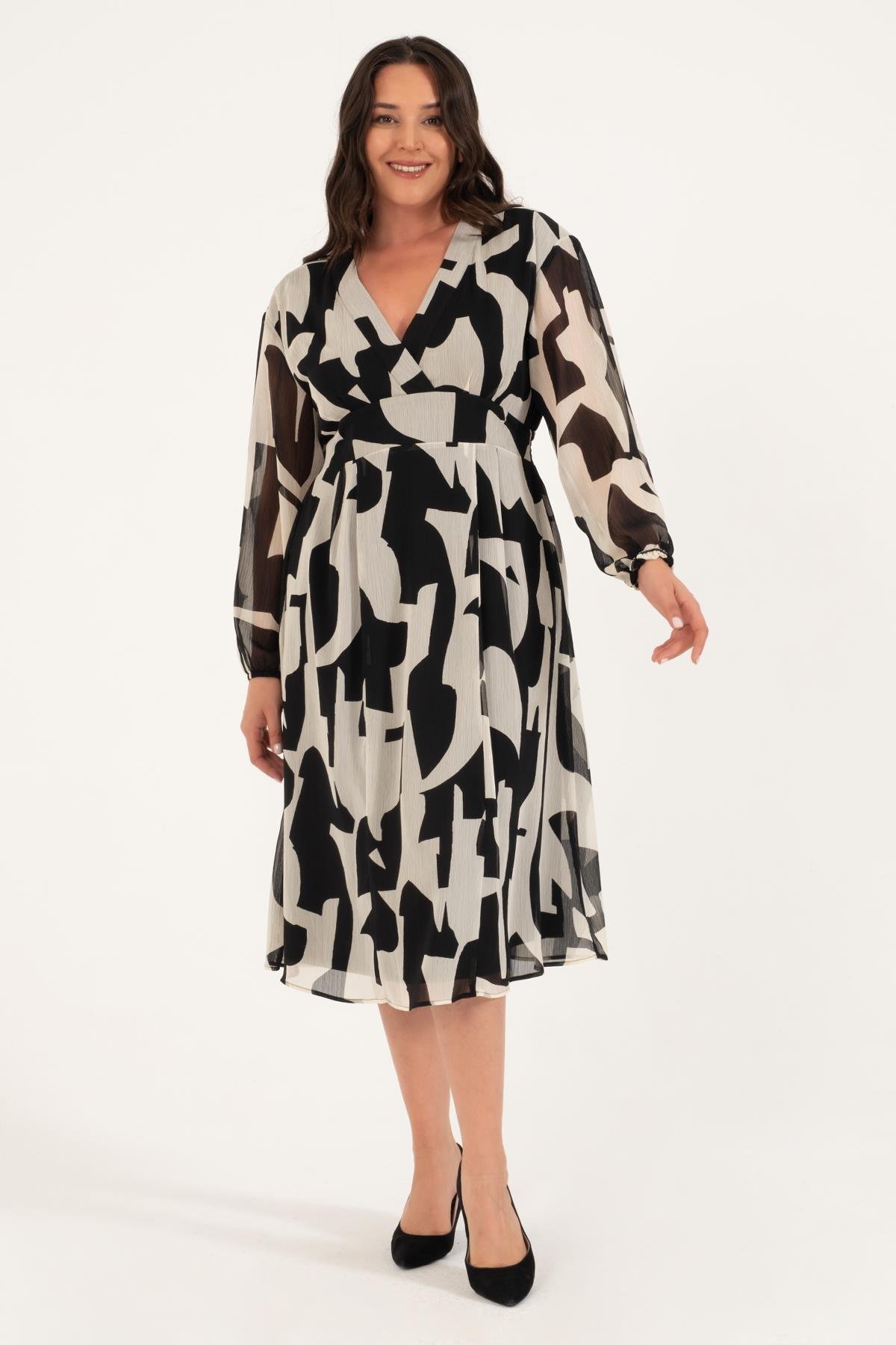 Myline-Astarlı Şifon Gipe Detay Elbise-Büyük Beden Günlük Elbiseler-128761