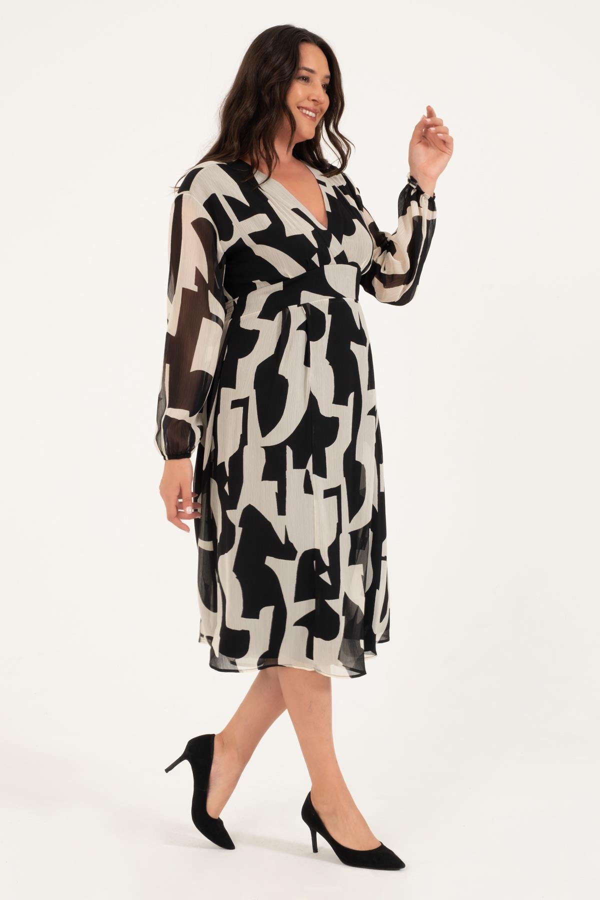 Myline-Astarlı Şifon Gipe Detay Elbise-Büyük Beden Günlük Elbiseler-128761