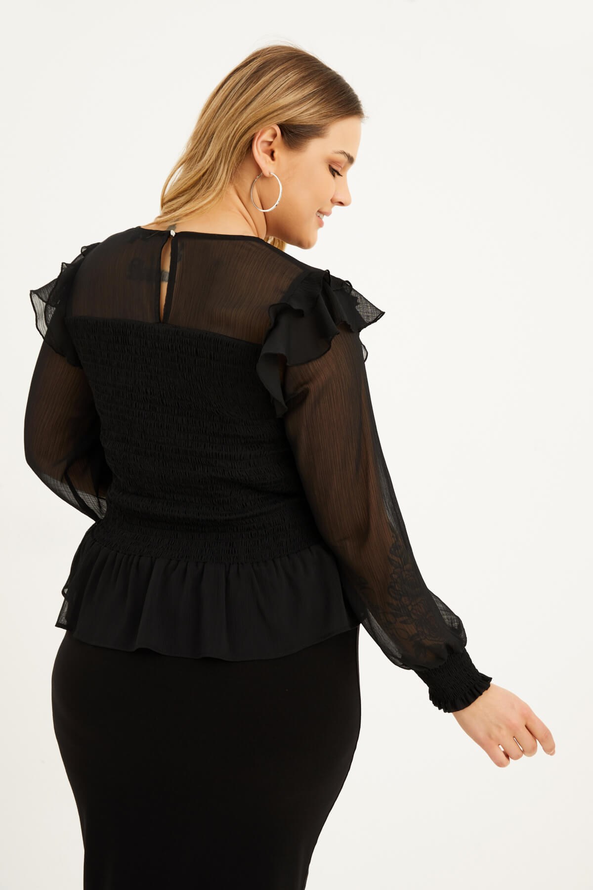 Myline-Astarlı Şifon Gipe Detaylı Bluz-Büyük Beden Bluz-77546