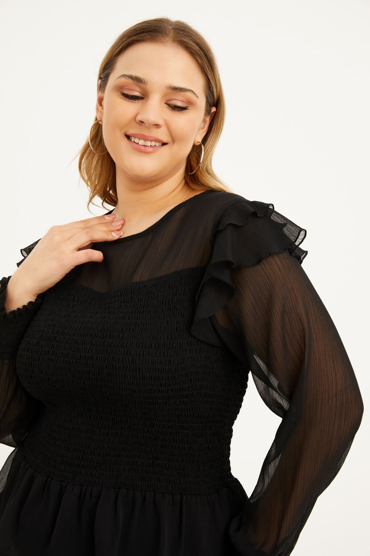 Myline-Astarlı Şifon Gipe Detaylı Bluz-Büyük Beden Bluz-77546