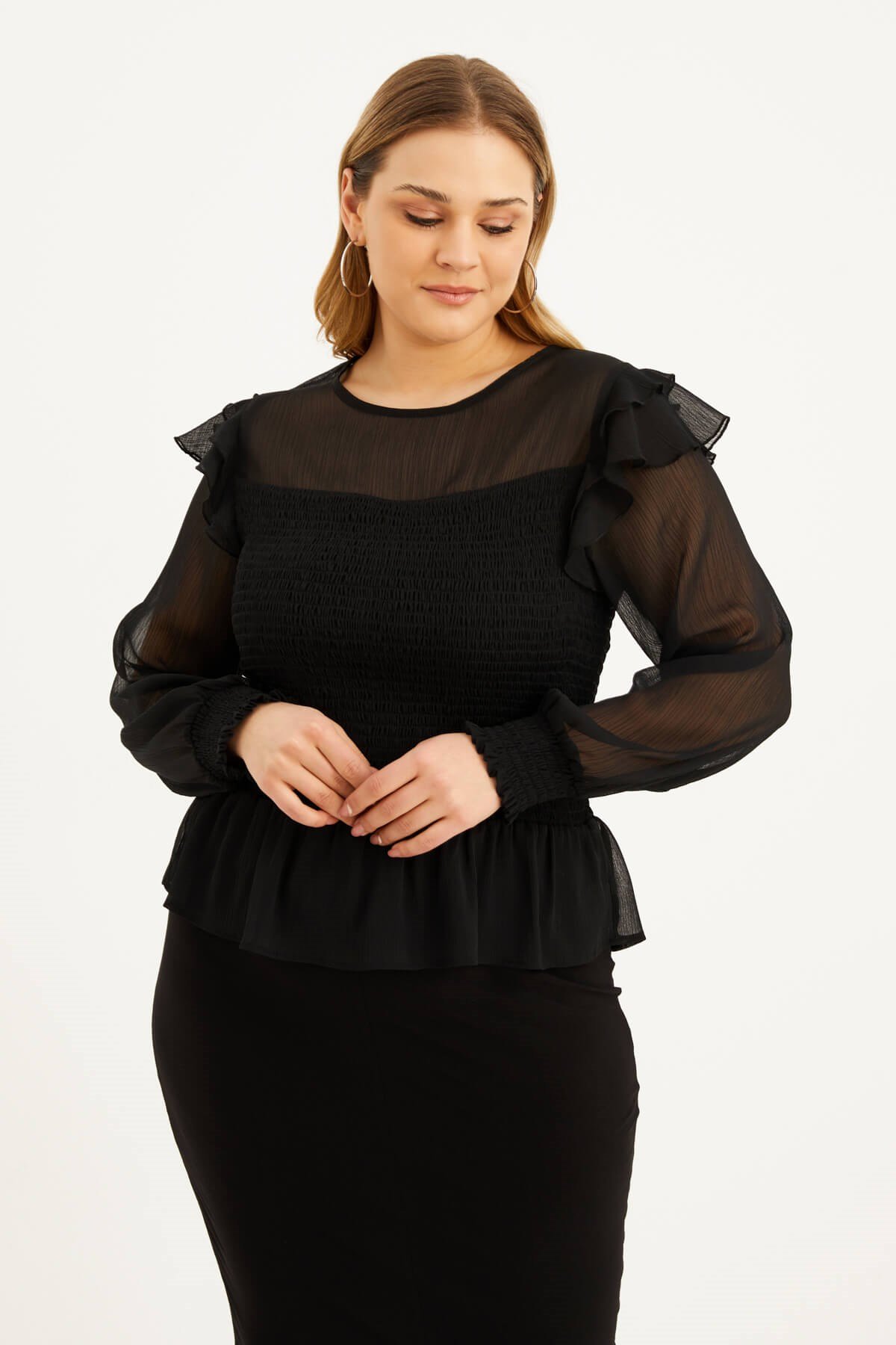 Myline-Astarlı Şifon Gipe Detaylı Bluz-Büyük Beden Bluz-77546