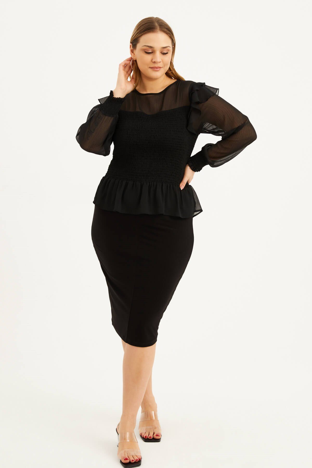 Myline-Astarlı Şifon Gipe Detaylı Bluz-Büyük Beden Bluz-77546