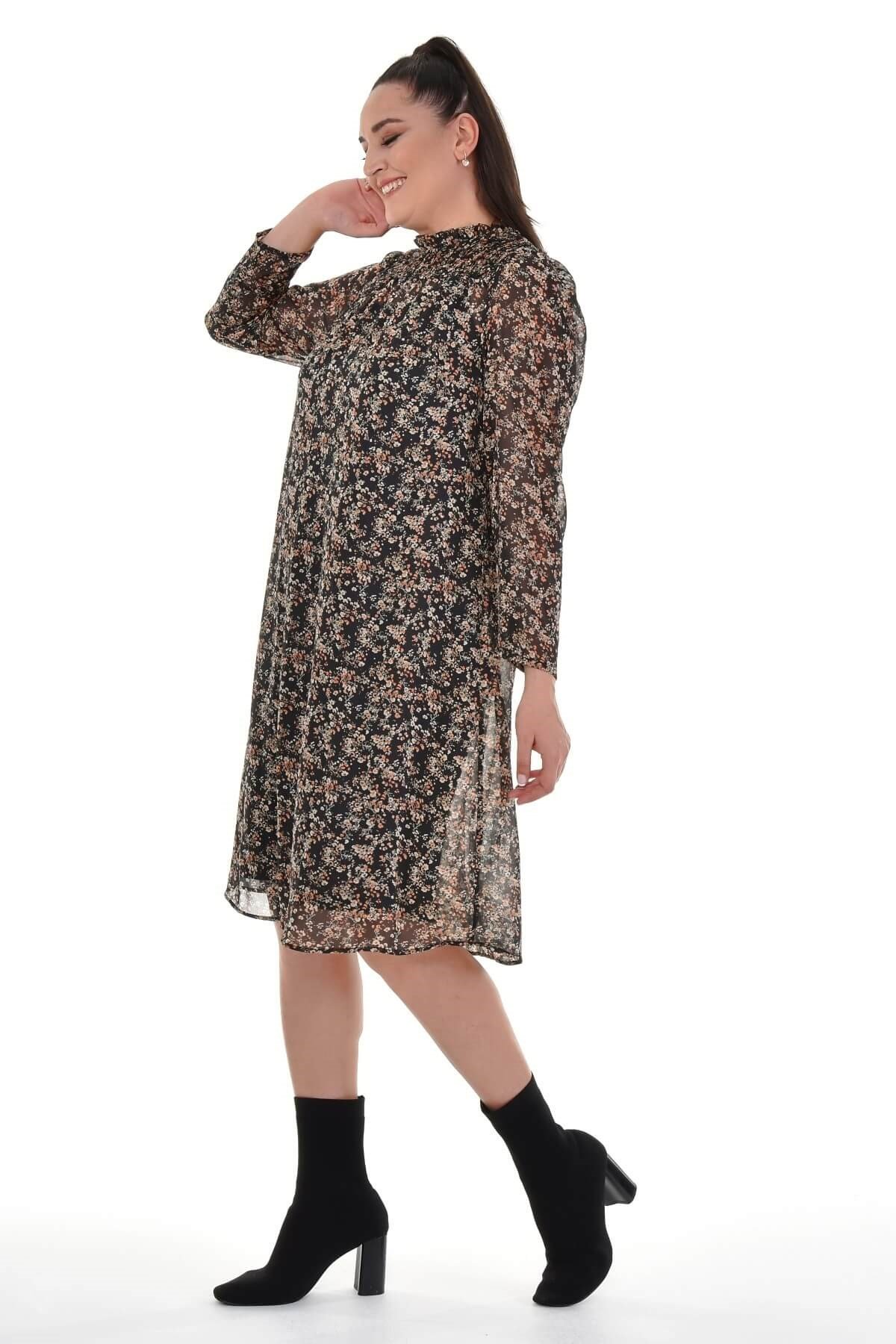 Myline-Astarlı Şifon Gipe Detaylı Elbise-Büyük Beden Günlük Elbiseler-77120