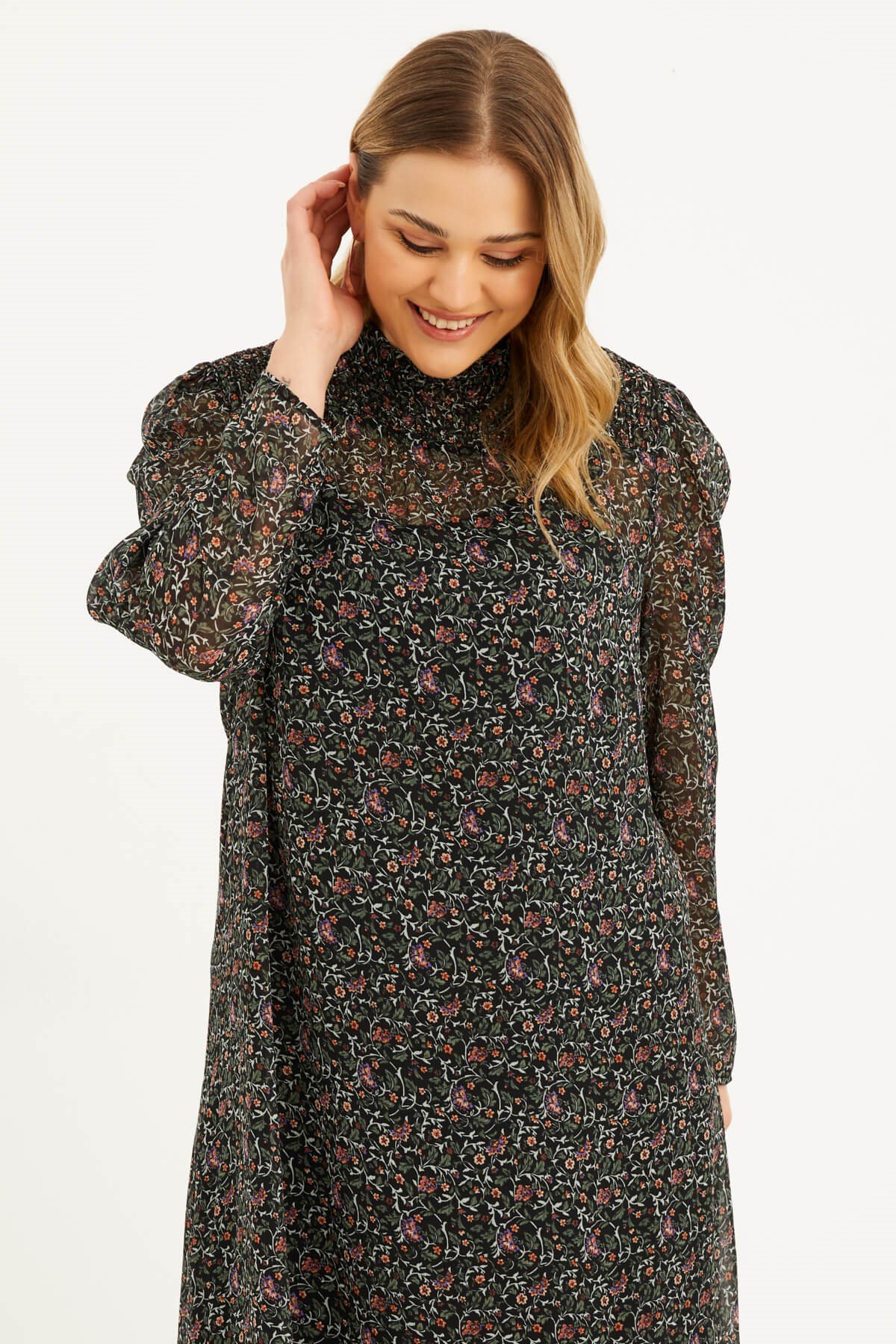 Myline-Astarlı Şifon Gipe Detaylı Elbise-Büyük Beden Günlük Elbiseler-77158