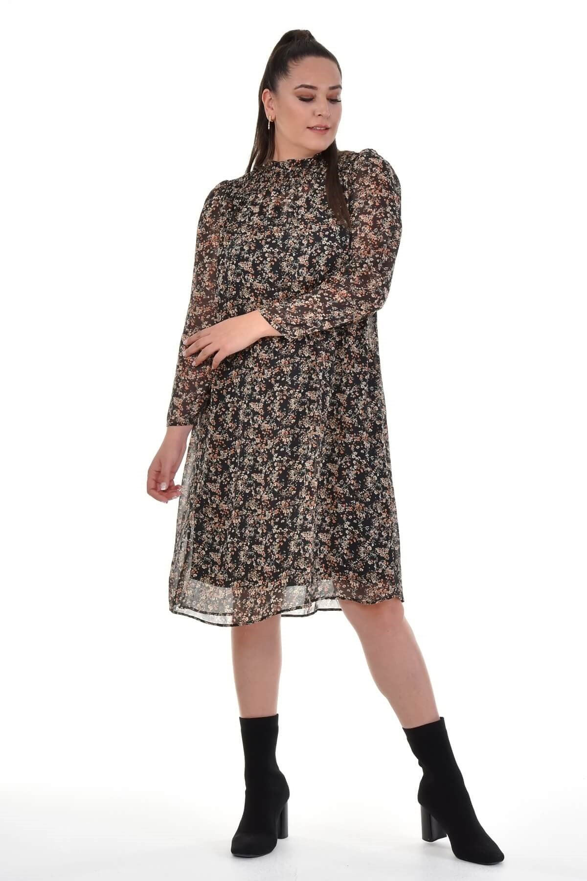 Myline-Astarlı Şifon Gipe Detaylı Elbise-Büyük Beden Günlük Elbiseler-77120