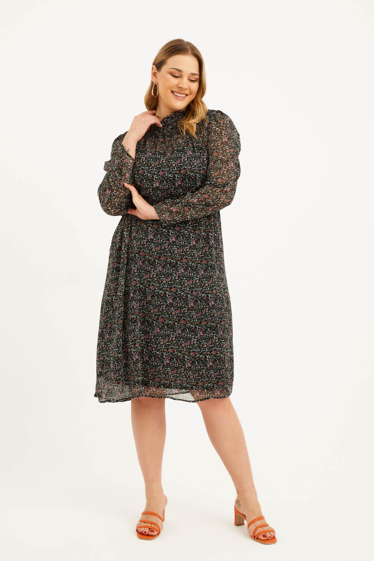 Myline-Astarlı Şifon Gipe Detaylı Elbise-Büyük Beden Günlük Elbiseler-77158