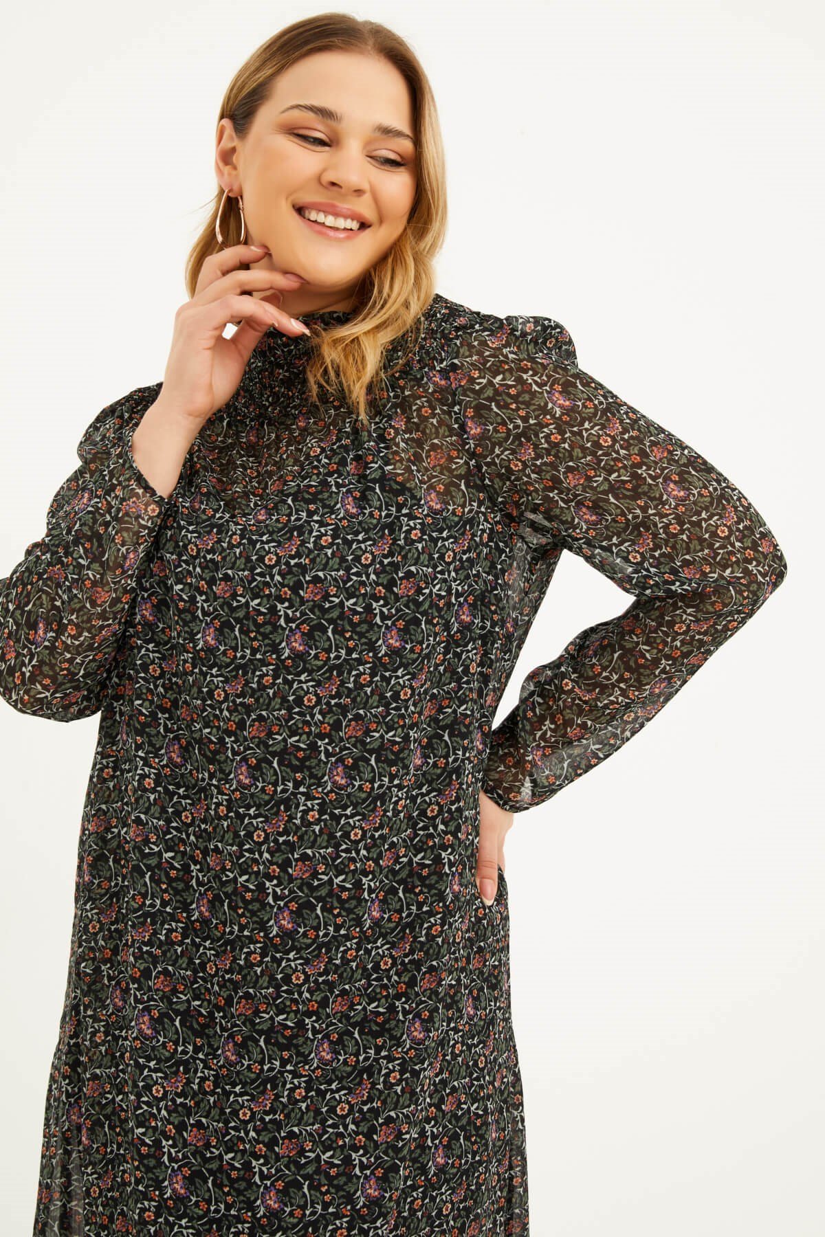 Myline-Astarlı Şifon Gipe Detaylı Elbise-Büyük Beden Günlük Elbiseler-77158