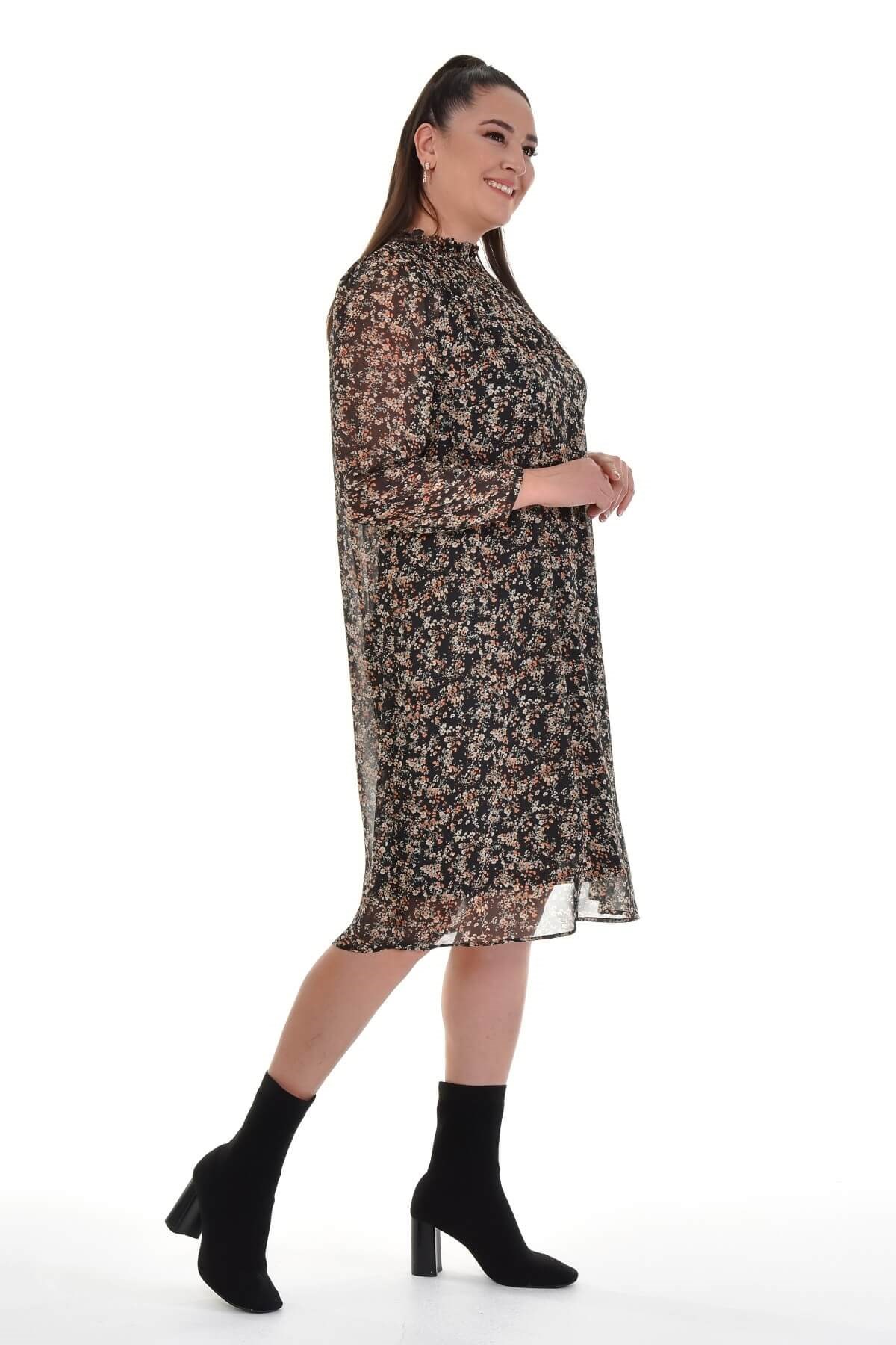 Myline-Astarlı Şifon Gipe Detaylı Elbise-Büyük Beden Günlük Elbiseler-77120