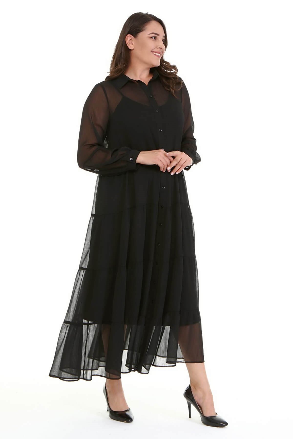 Myline-Astarlı Şifon Katlı Uzun Elbise-Büyük Beden Günlük Elbiseler-77167