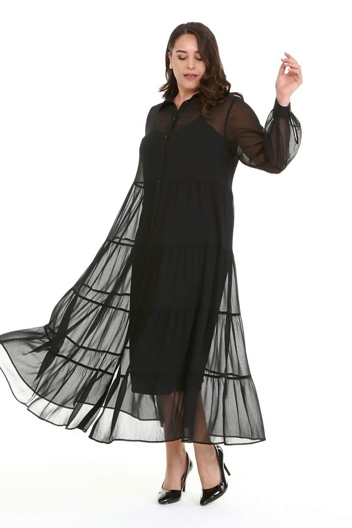 Myline-Astarlı Şifon Katlı Uzun Elbise-Büyük Beden Günlük Elbiseler-77167