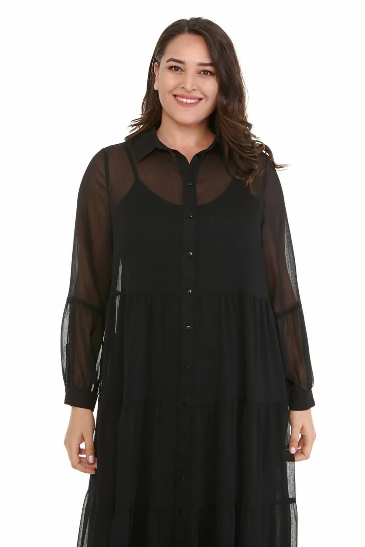 Myline-Astarlı Şifon Katlı Uzun Elbise-Büyük Beden Günlük Elbiseler-77167