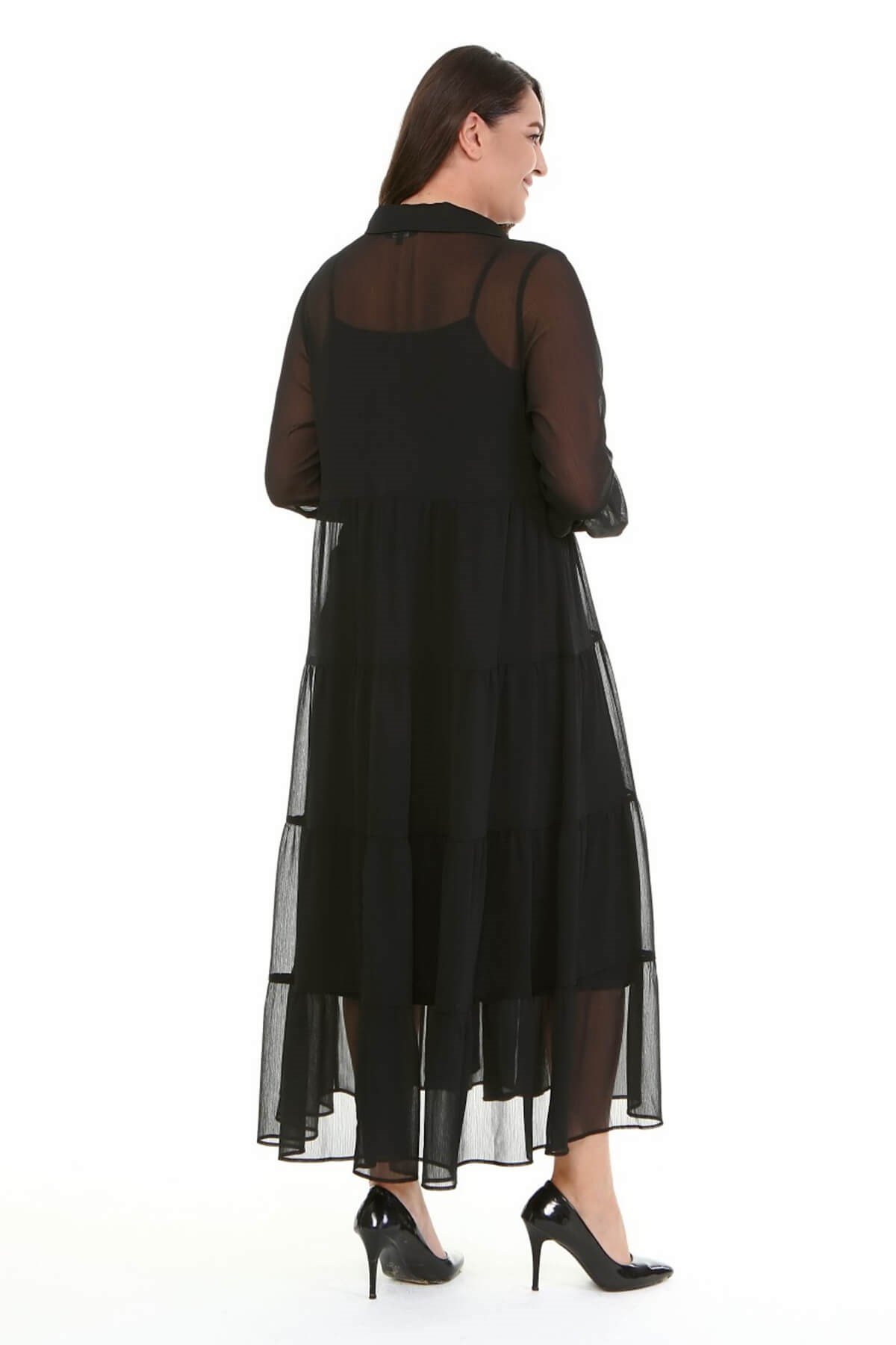 Myline-Astarlı Şifon Katlı Uzun Elbise-Büyük Beden Günlük Elbiseler-77167