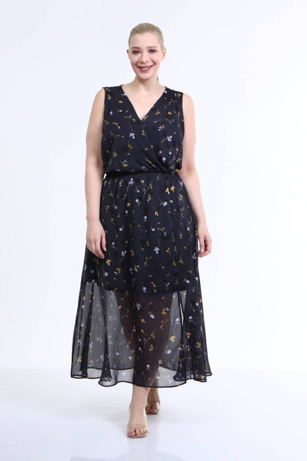 Myline-Astarlı Şifon Kolsuz Elbise-Büyük Beden Günlük Elbiseler-66617