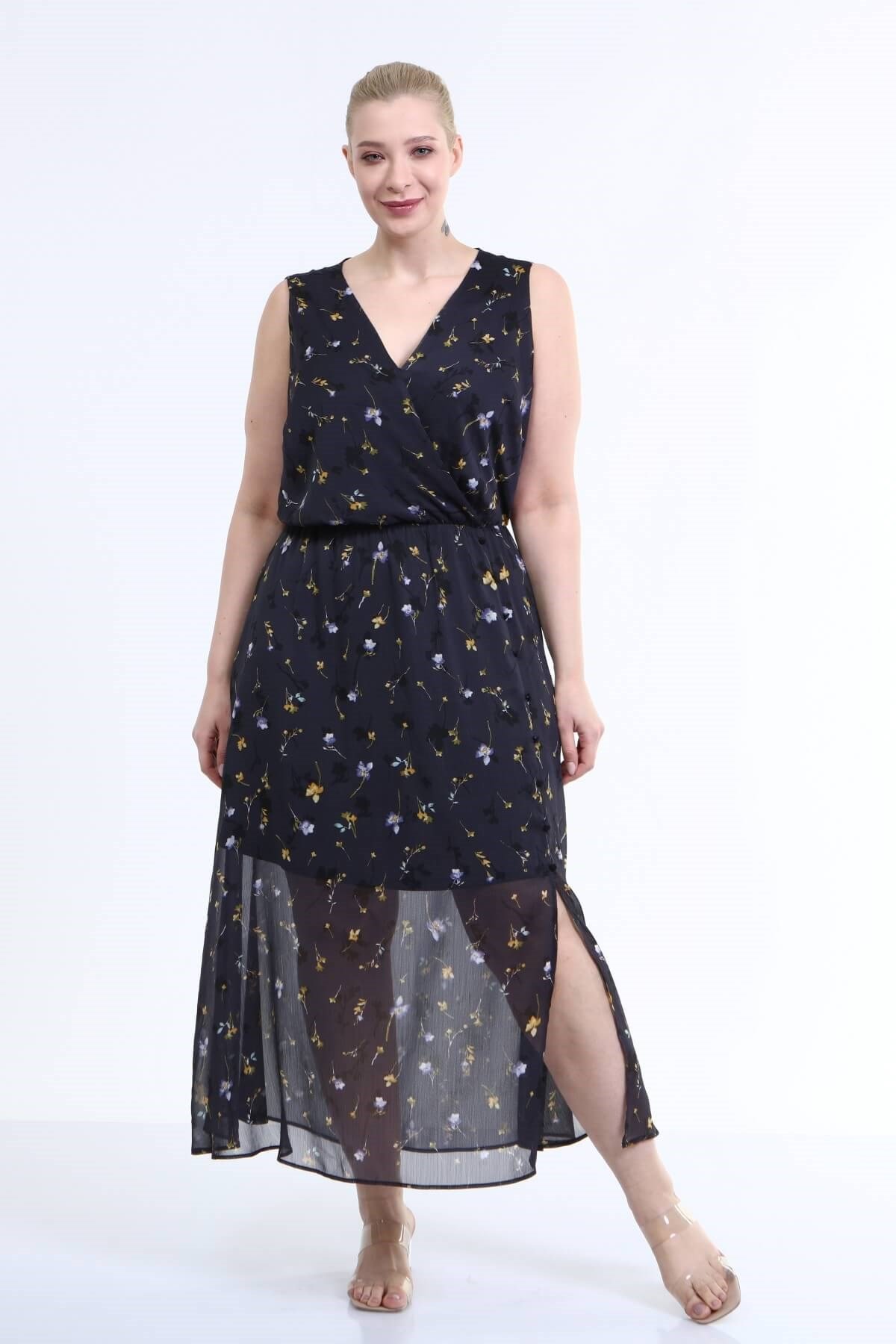 Myline-Astarlı Şifon Kolsuz Elbise-Büyük Beden Günlük Elbiseler-66617