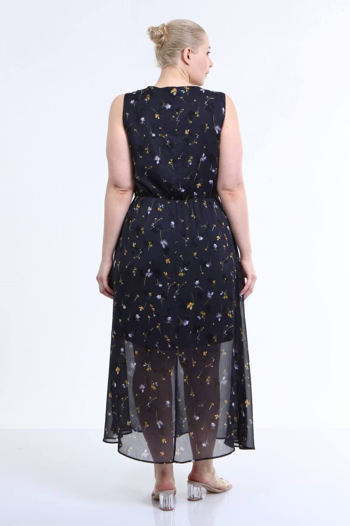 Myline-Astarlı Şifon Kolsuz Elbise-Büyük Beden Günlük Elbiseler-66617