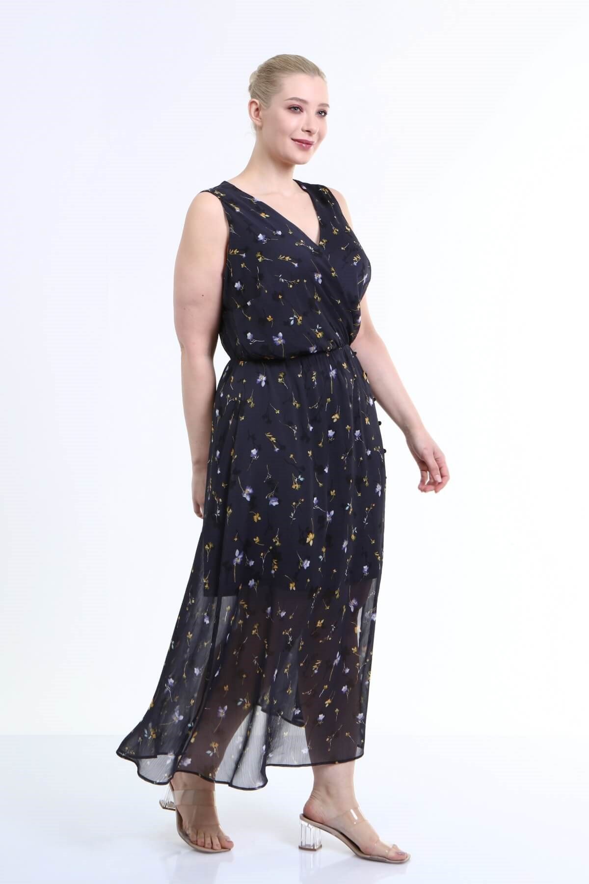 Myline-Astarlı Şifon Kolsuz Elbise-Büyük Beden Günlük Elbiseler-66617