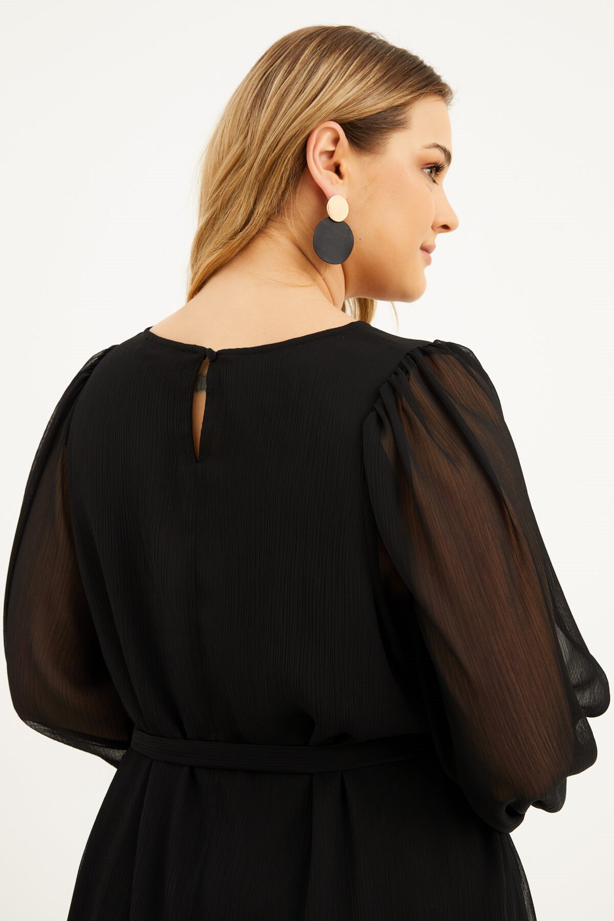 Myline-Astarlı Şifon Kuşaklı Elbise-Büyük Beden Günlük Elbiseler-77598