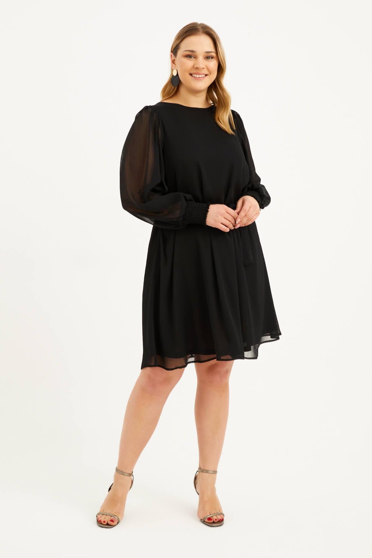 Myline-Astarlı Şifon Kuşaklı Elbise-Büyük Beden Günlük Elbiseler-77598