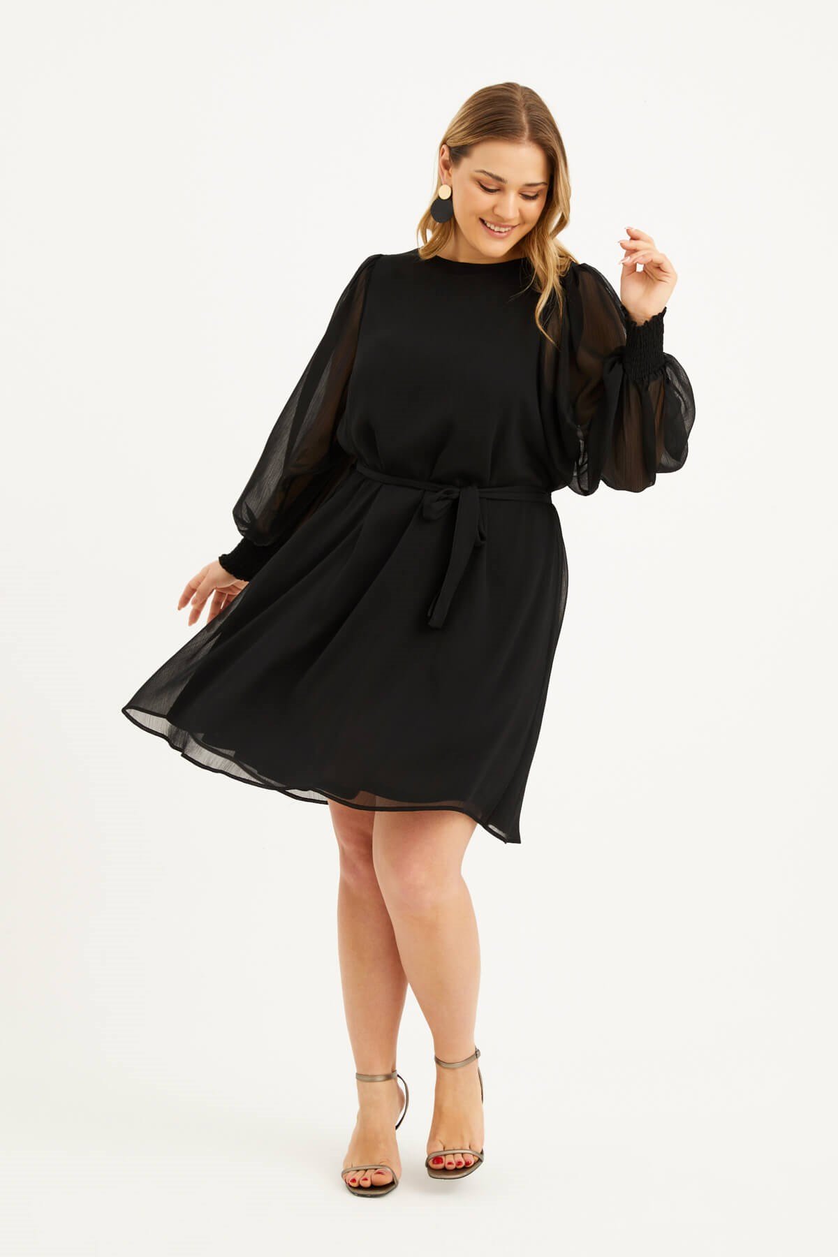 Myline-Astarlı Şifon Kuşaklı Elbise-Büyük Beden Günlük Elbiseler-77598