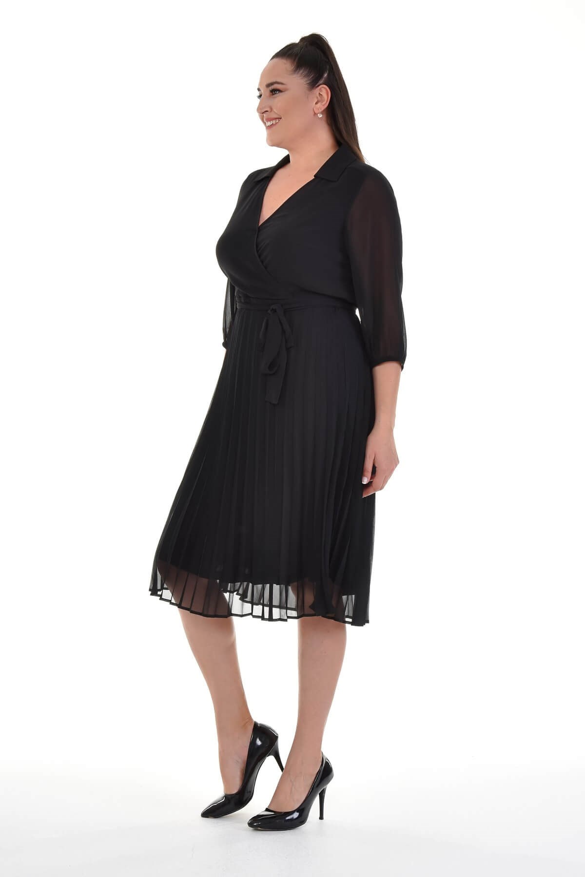 Myline-Astarlı Şifon Pliseli Elbise-Büyük Beden Abiye Elbise-77176