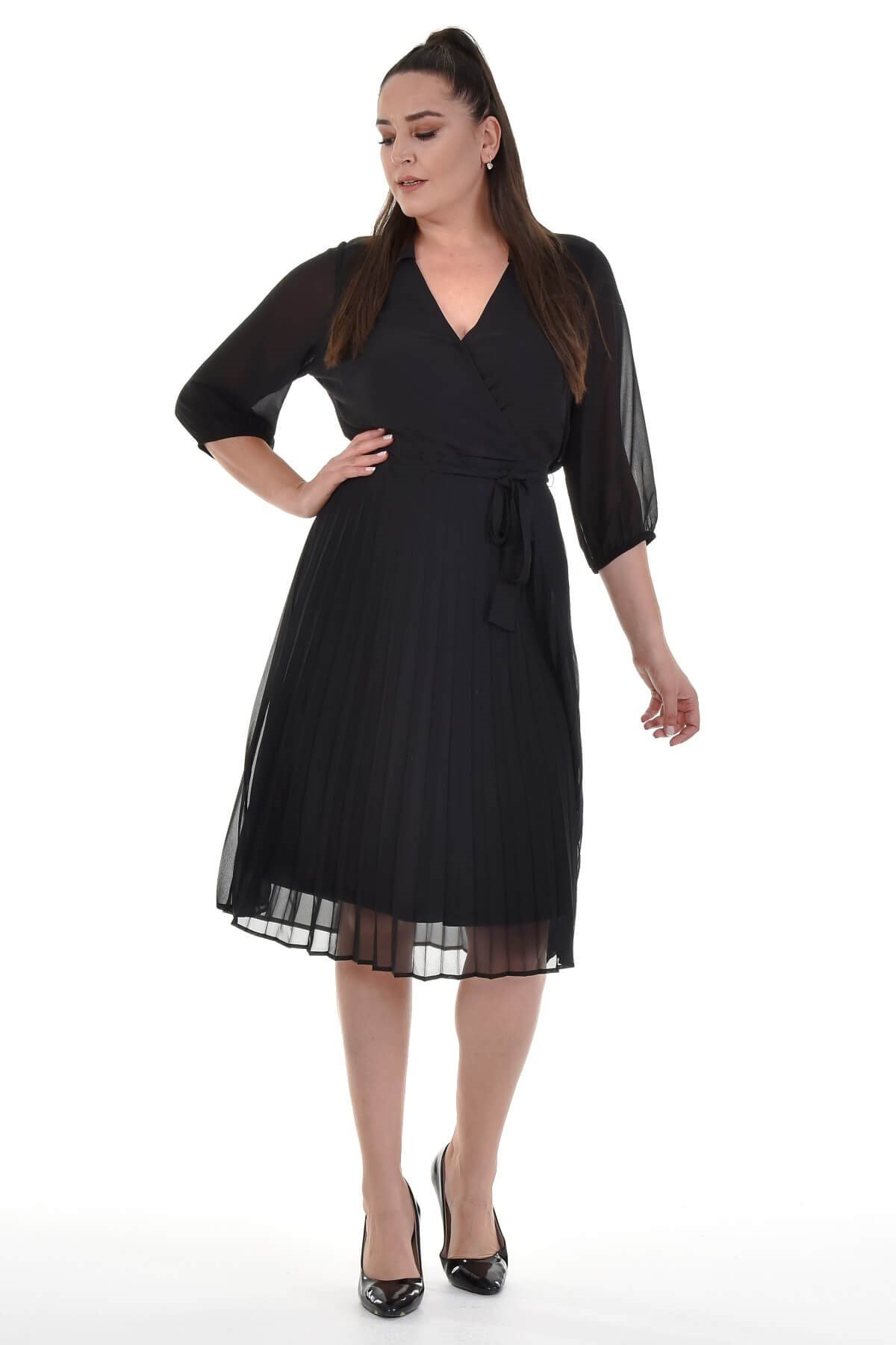 Myline-Astarlı Şifon Pliseli Elbise-Büyük Beden Abiye Elbise-77176