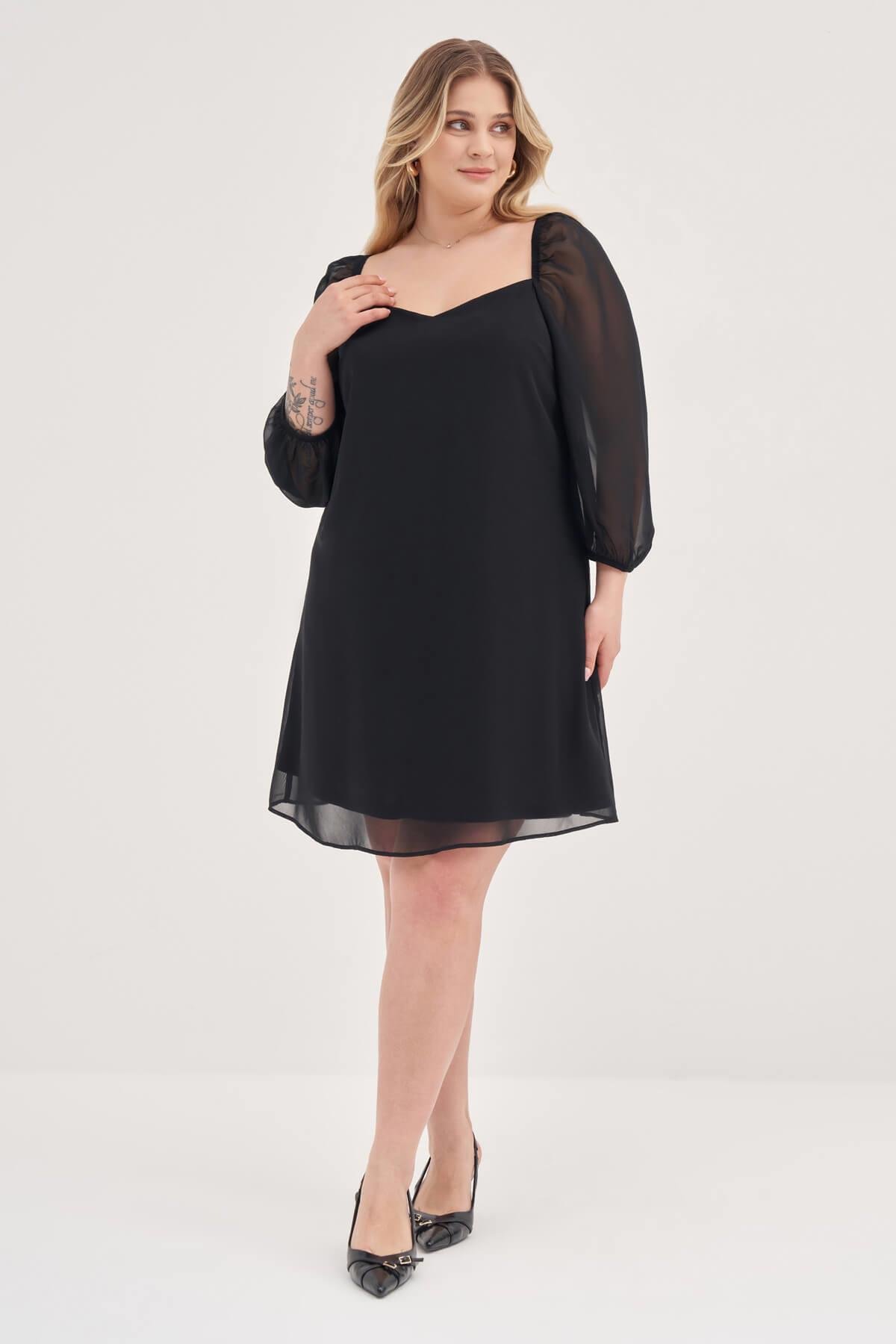 Myline-Astarlı Şifon Prenses Kol Elbise-Büyük Beden Abiye Elbise-139055