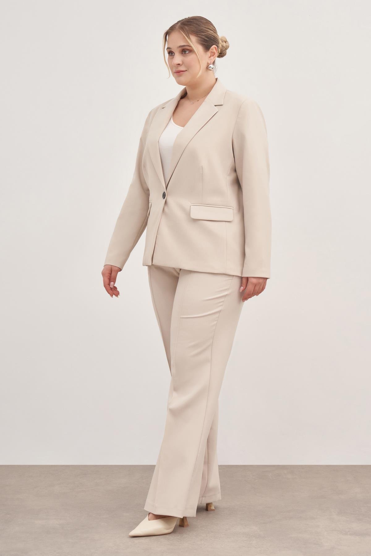 Myline-Astarlı Tek Düğmeli Blazer-Büyük Beden Ceket-129014