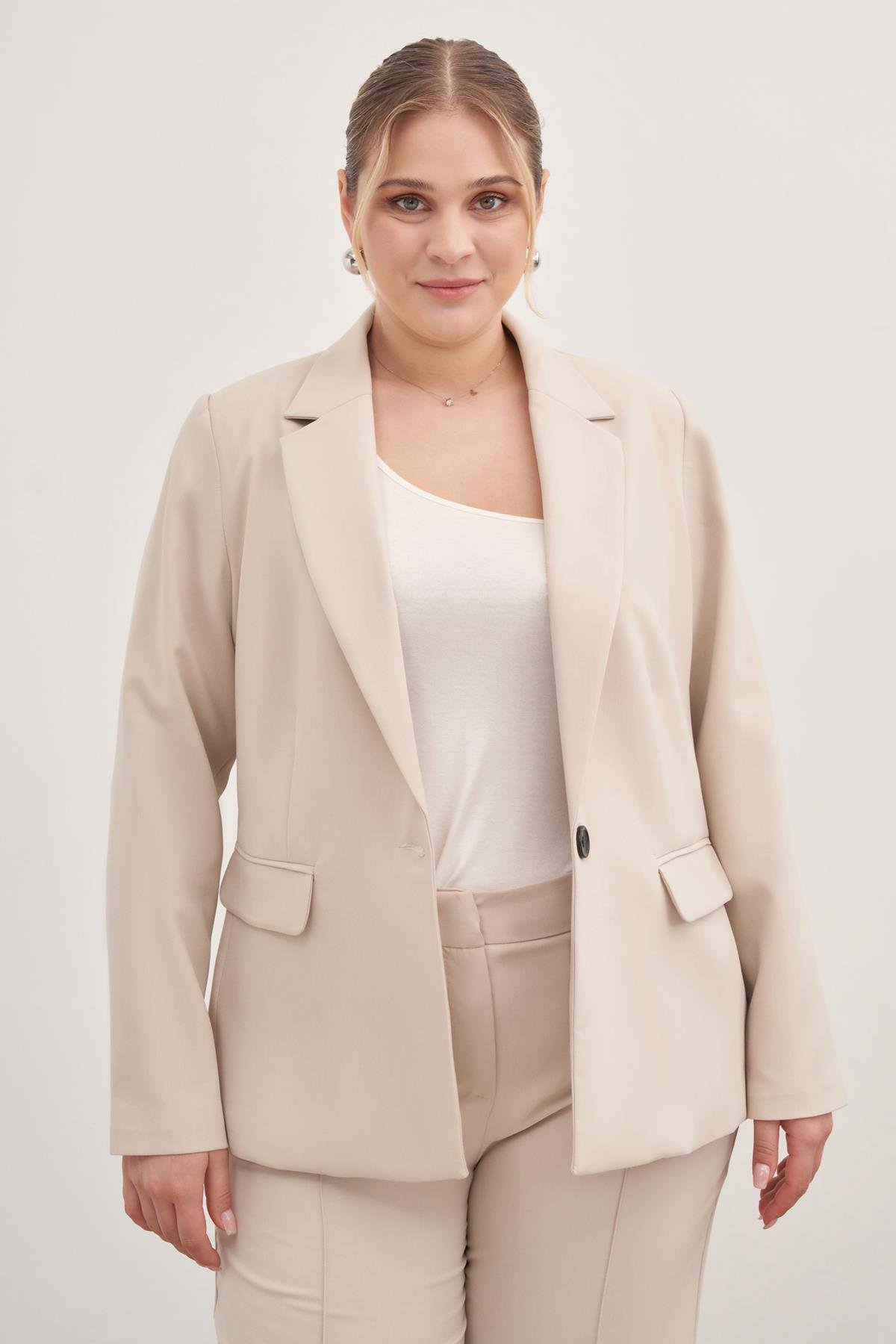 Myline-Astarlı Tek Düğmeli Blazer-Büyük Beden Ceket-129014