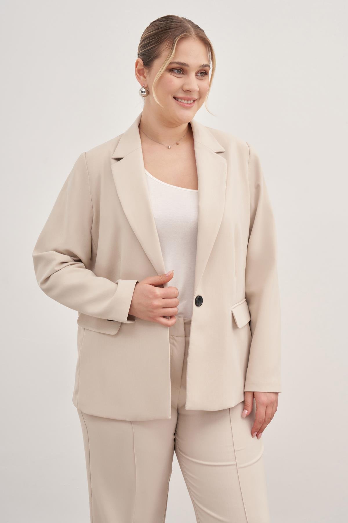 Myline-Astarlı Tek Düğmeli Blazer-Büyük Beden Ceket-129014