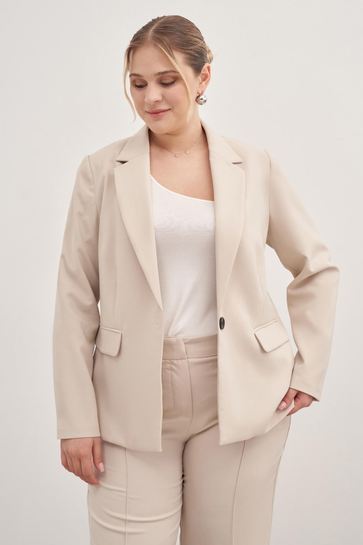 Myline-Astarlı Tek Düğmeli Blazer-Büyük Beden Ceket-129014