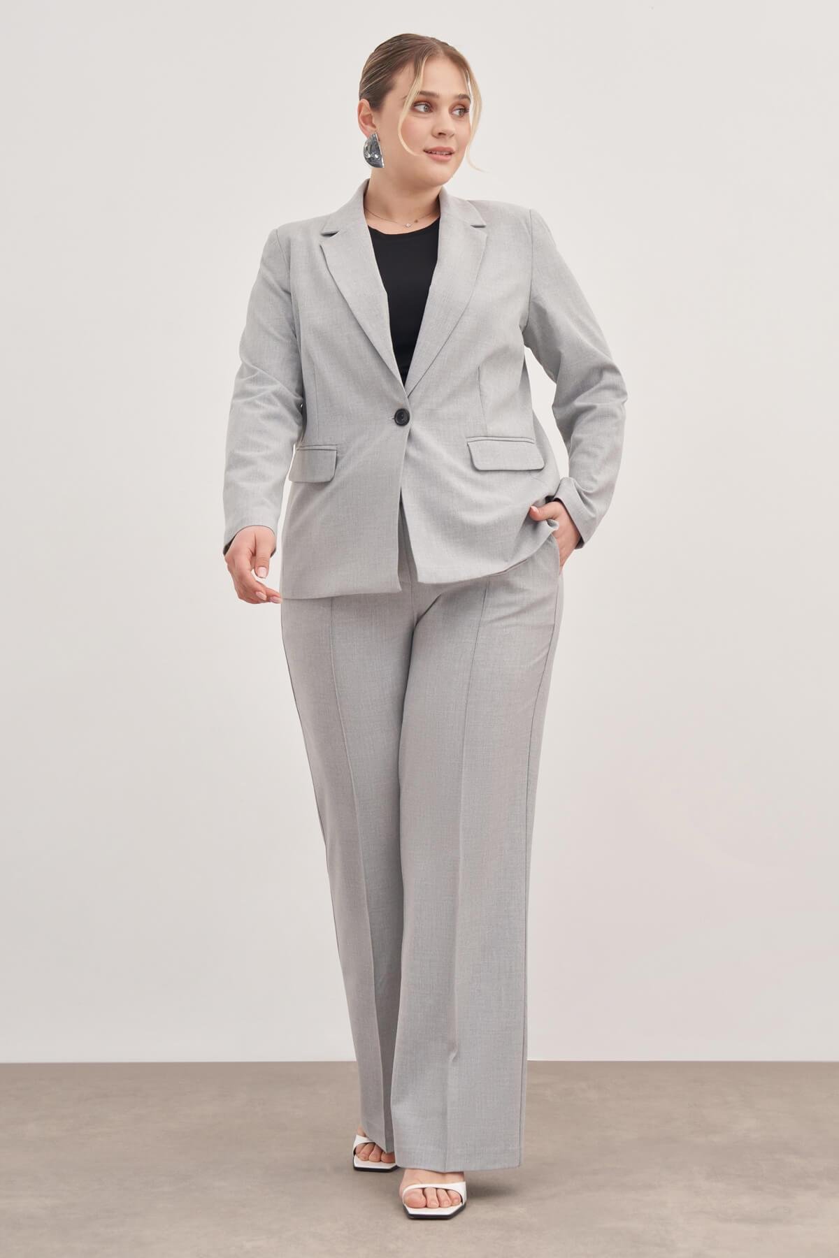 Myline-Astarlı Tek Düğmeli Blazer-Büyük Beden Ceket-129015